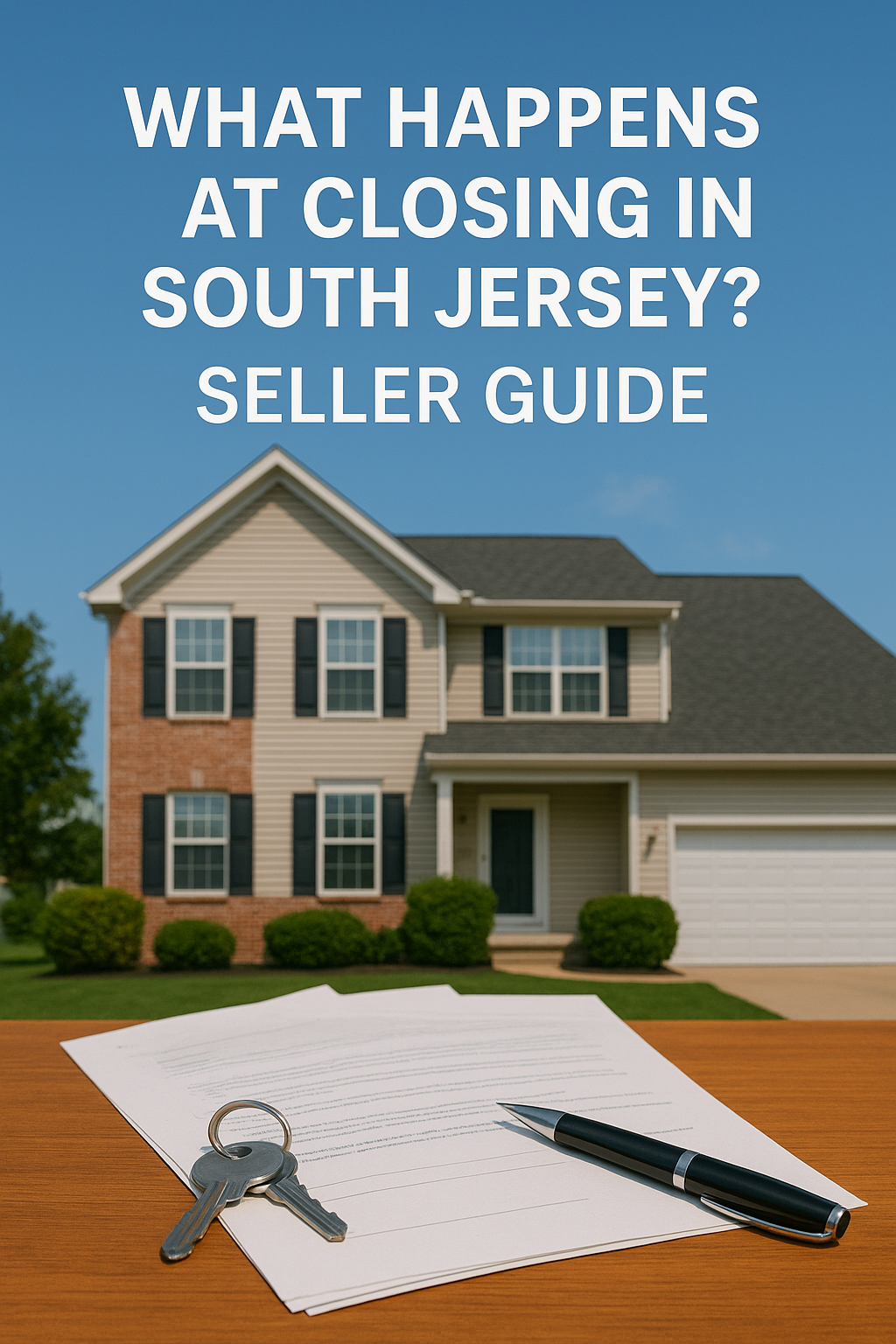 Closing table with keys, paperwork, and a pen beside a South Jersey home image, set against a clear blue sky, overlaid with the text: “WHAT HAPPENS AT CLOSING IN SOUTH JERSEY? SELLER GUIDE”