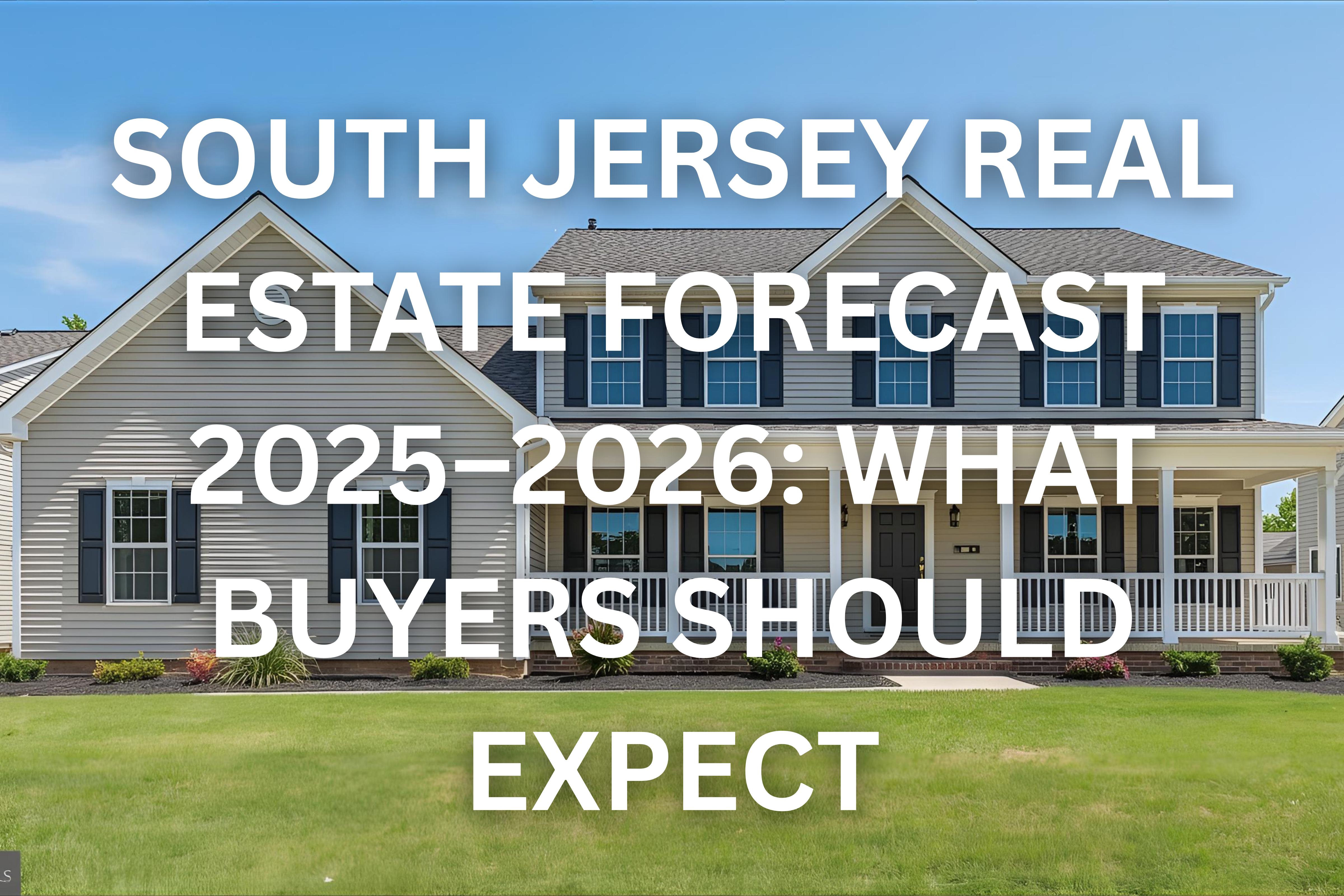 Modern two-story South Jersey suburban home with light beige siding and a covered front porch, set against a bright blue sky, overlaid with the text: 'SOUTH JERSEY REAL ESTATE FORECAST 2025–2026: WHAT BUYERS SHOULD EXPECT'