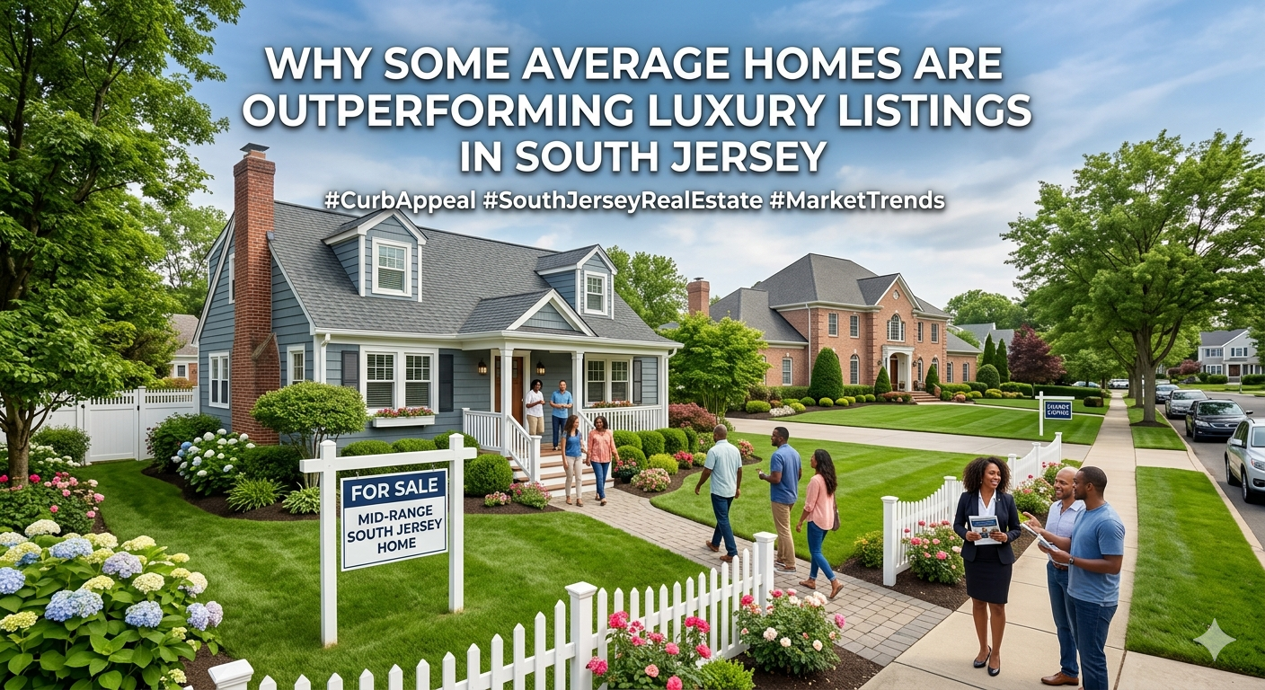 Charming mid-range South Jersey home with strong curb appeal attracting multiple interested buyers, contrasted with a larger luxury home in the background receiving less activity, overlaid with the text: “Why Some Average Homes Are Outperforming Luxury Listings in South Jersey”