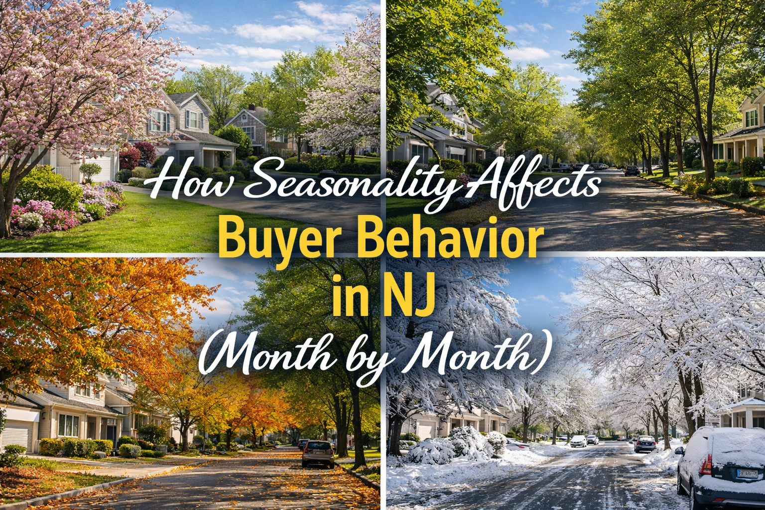 Four-panel seasonal image of a New Jersey neighborhood showing spring blooms, summer sunshine, fall foliage, and winter snow overlaid with text: How Seasonality Affects Buyer Behavior in NJ (Month by Month)