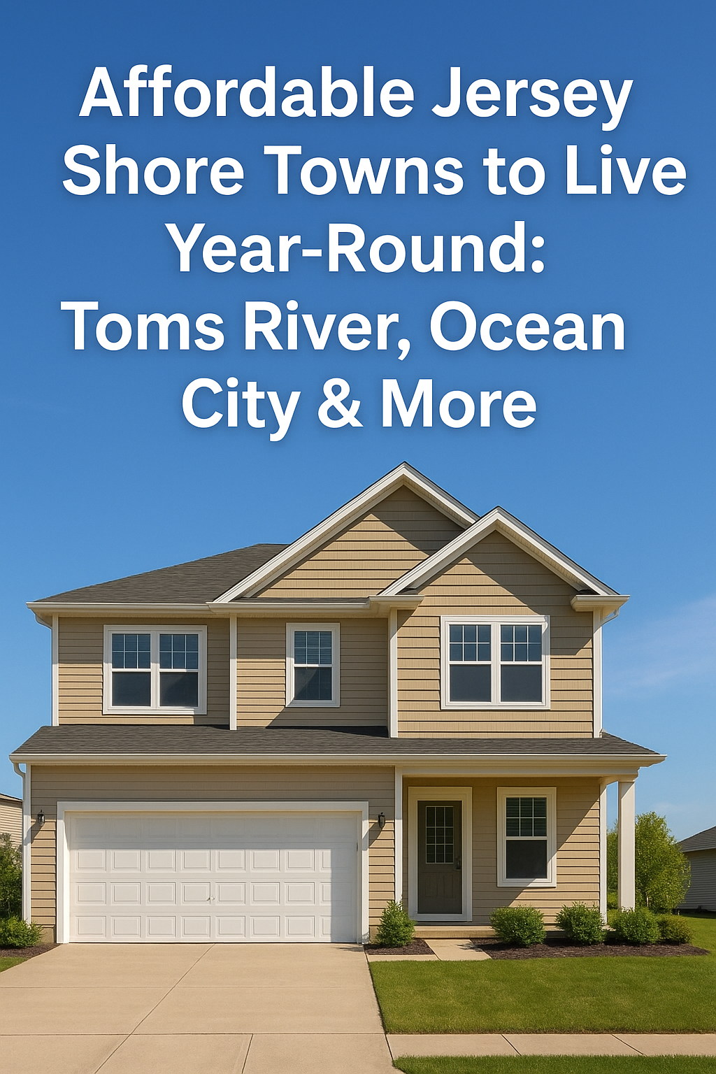 Modern two-story South Jersey suburban home with tan siding and an attached garage, set against a clear blue sky, overlaid with the text: Affordable Jersey Shore Towns to Live Year-Round: Toms River, Ocean City & More