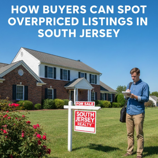 South Jersey home with “For Sale” sign and buyer examining notes, set against a clear blue sky, overlaid with the text: “HOW BUYERS CAN SPOT OVERPRICED LISTINGS IN SOUTH JERSEY”