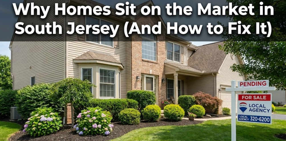 South Jersey suburban home with a “For Sale” sign in the yard, showing well-maintained landscaping and exterior overlaid with text: Why Homes Sit on the Market in South Jersey (And How to Fix It)