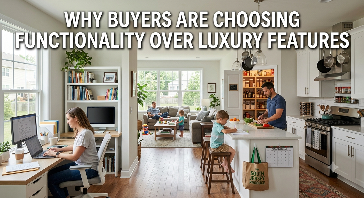 Bright, functional South Jersey home featuring an open-concept kitchen, organized pantry, dedicated home office, and practical living spaces, illustrating why today's buyers prioritize functionality over luxury features, overlaid with the text: “Why Buyers Are Choosing Functionality Over Luxury Features.” 