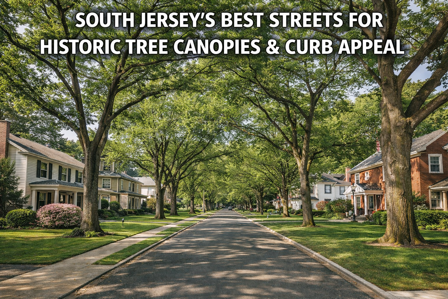 South Jersey tree-lined residential street with mature historic tree canopy and classic homes, highlighting strong curb appeal and neighborhood character with Overlay Text: “SOUTH JERSEY’S BEST STREETS FOR HISTORIC TREE CANOPIES & CURB APPEAL”
