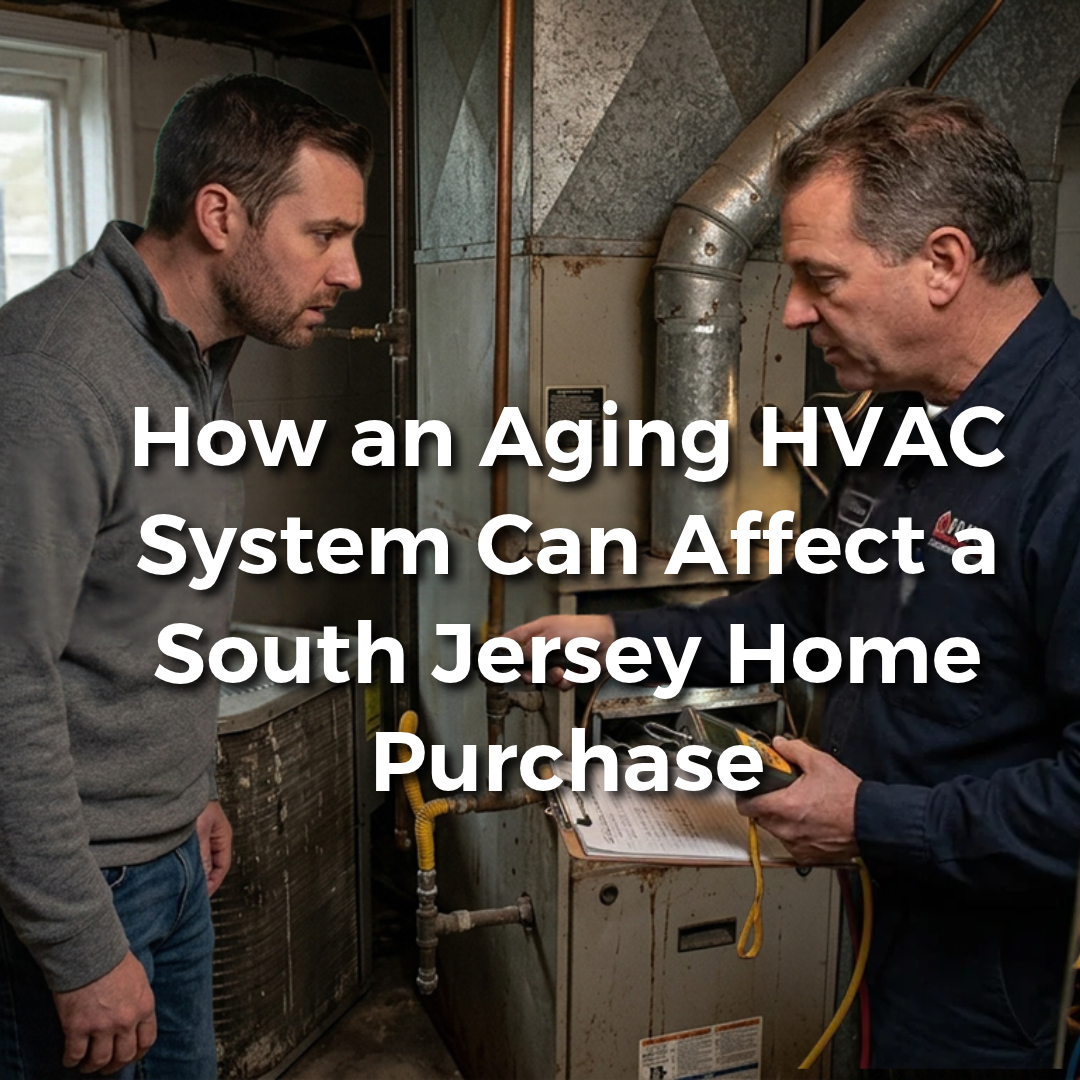 A South Jersey homebuyer and HVAC technician inspecting an older furnace and central air conditioning equipment in a residential utility area, illustrating how an aging heating and cooling system can affect repair costs, energy efficiency, and a home purchase, overlaid with the text: “How an Aging HVAC System Can Affect a South Jersey Home Purchase.”