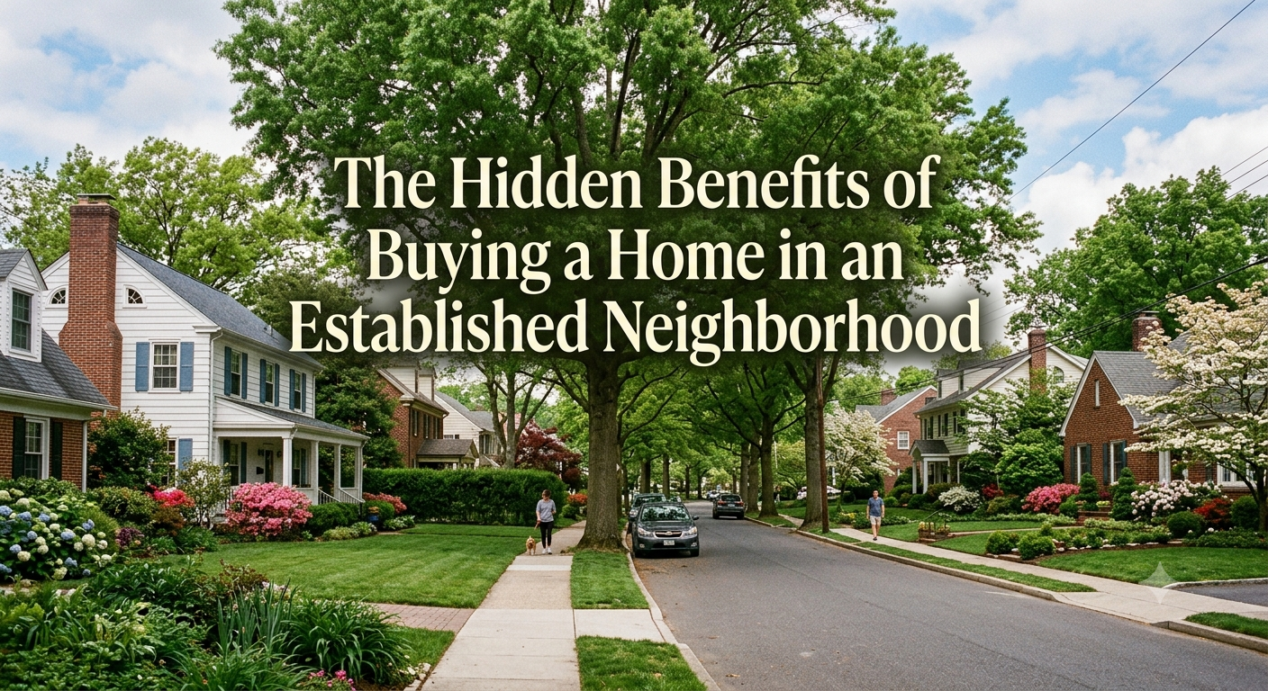 A picturesque South Jersey neighborhood with mature trees, charming homes, sidewalks, and beautifully maintained landscaping, illustrating the hidden benefits of buying a home in an established neighborhood, overlaid with the text: “The Hidden Benefits of Buying a Home in an Established Neighborhood 