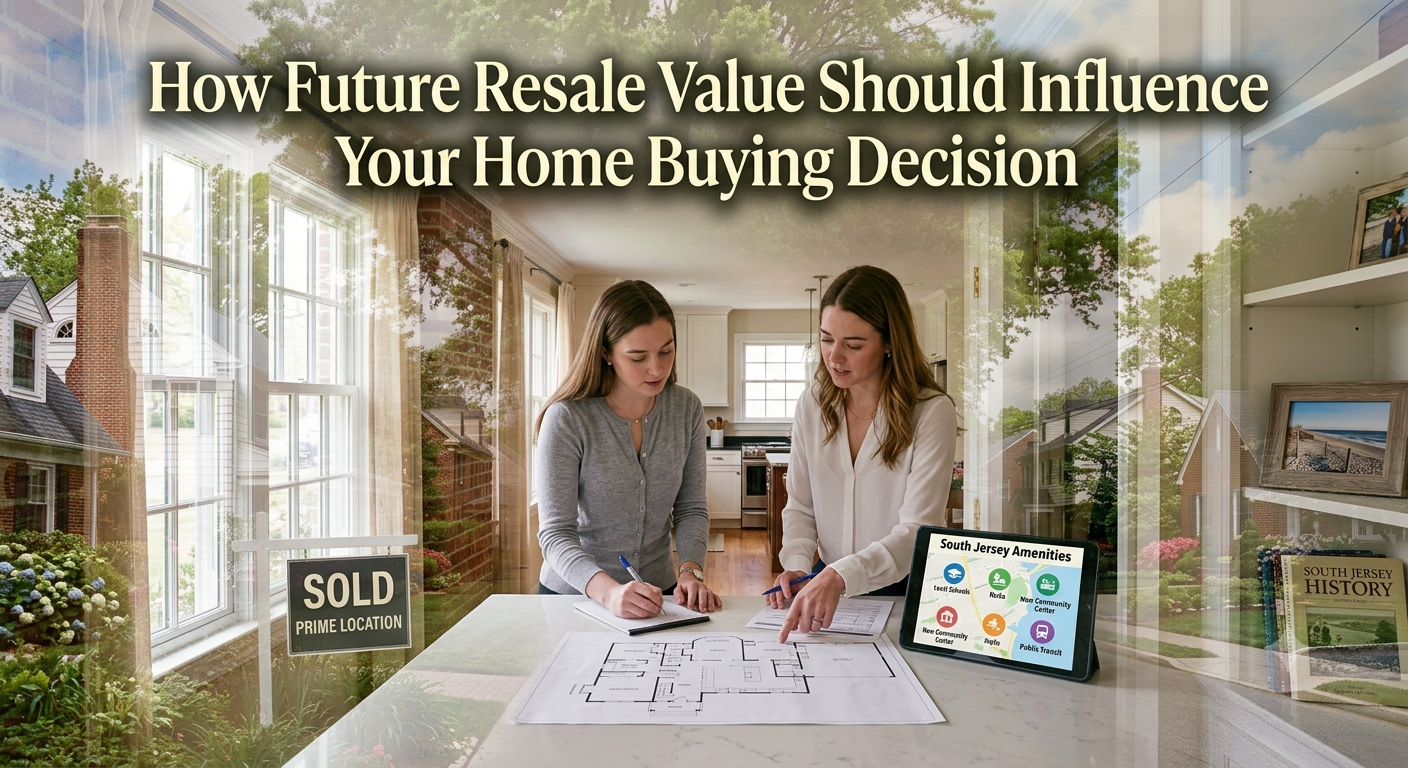 A South Jersey homebuyer reviewing a home's location, neighborhood amenities, and floor plan with a real estate agent, illustrating how future resale value should influence a home buying decision, overlaid with the text: “How Future Resale Value Should Influence Your Home Buying Decision.