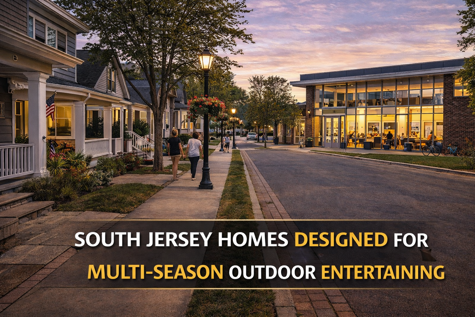South Jersey homes located near a modern co-working space, showcasing walkable streets and lifestyle-driven housing demand with Overlay Text: “SOUTH JERSEY HOMES NEAR EMERGING CO-WORKING SPACES”