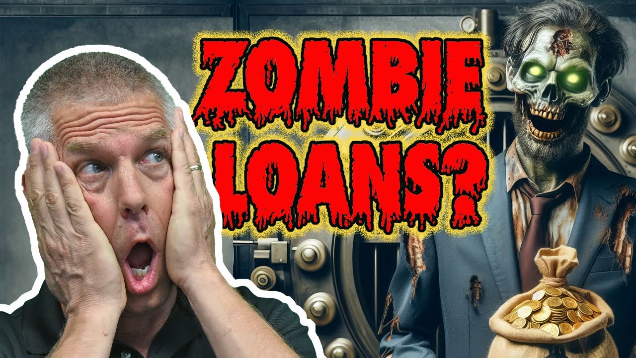 Shocked man holding his face next to bold red text reading “Zombie Loans?” with a glowing-eyed zombie businessman holding a bag of money in front of a bank vault, styled like a dramatic YouTube thumbnail about mortgage risks.