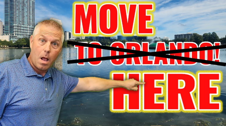 A surprised-looking man in a blue polo shirt stands in front of a lake with a city skyline behind him. He is pointing to large bold text that says ‘MOVE HERE.’ The word ‘TO ORLANDO’ appears behind the text with a black line crossing it out