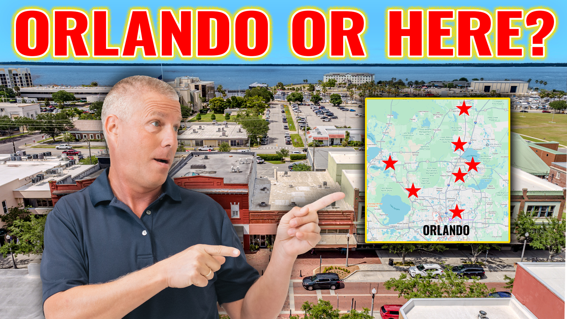 Chuck pointing to a map of Orlando indicating 7 cities over a background photo of Sanford