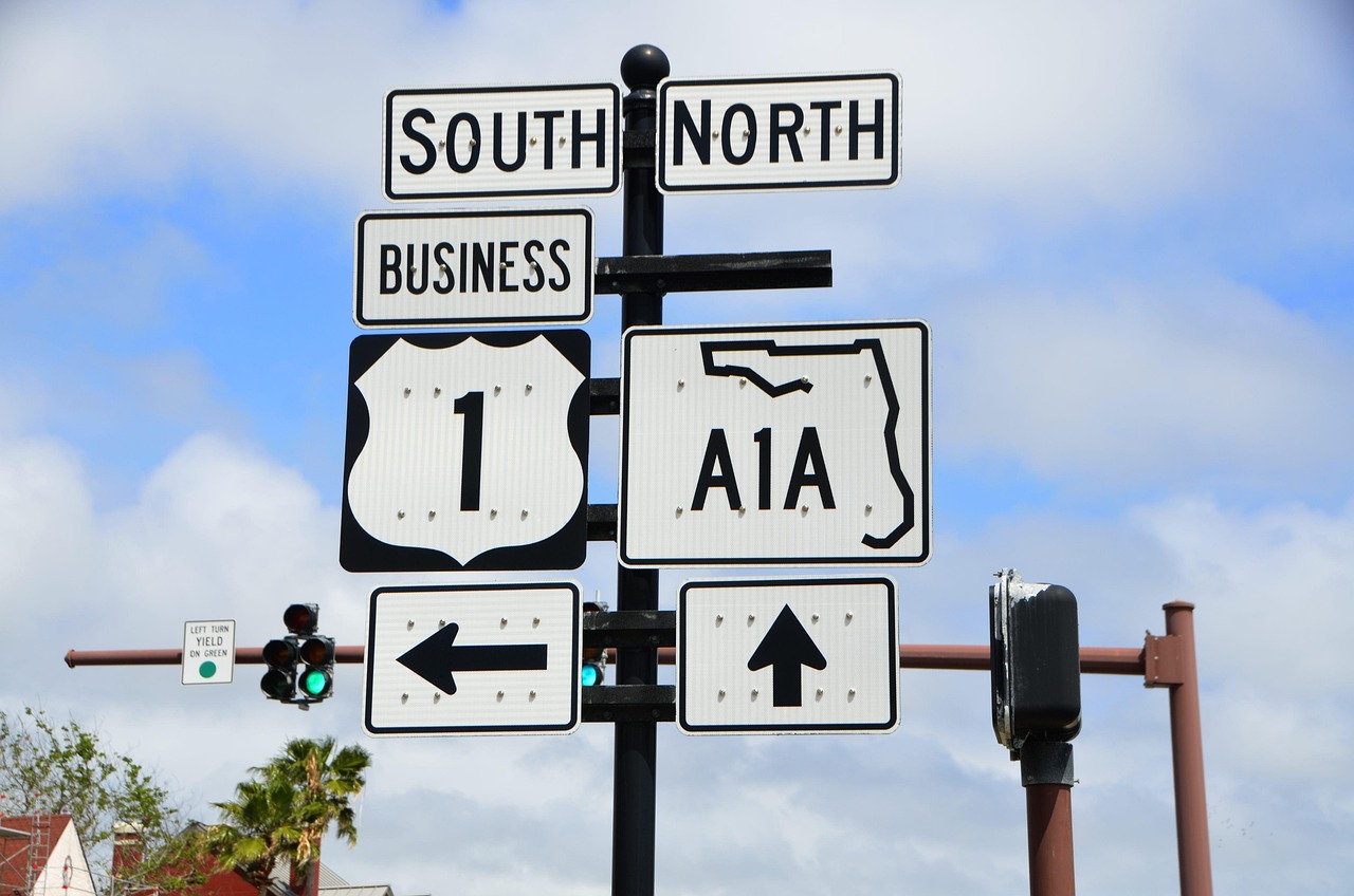 Road signs showing U.S. Route 1 Business and Florida State Road A1A with north and south directional arrows at an intersection.