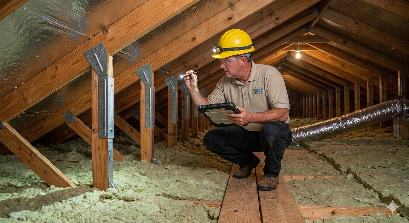 home inspector checking hurricane tie down for wind mitigation report