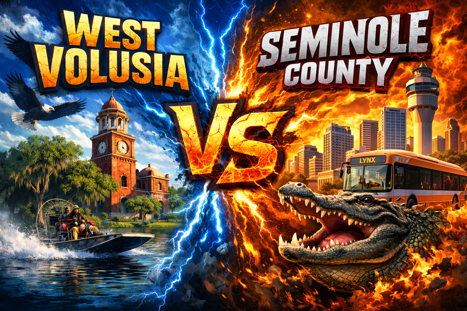 West Volusia vs Seminole County Florida comparison graphic featuring West Volusia landmarks and outdoor lifestyle contrasted with Seminole County’s urban skyline, public transit, and wildlife, separated by dramatic lightning effects.