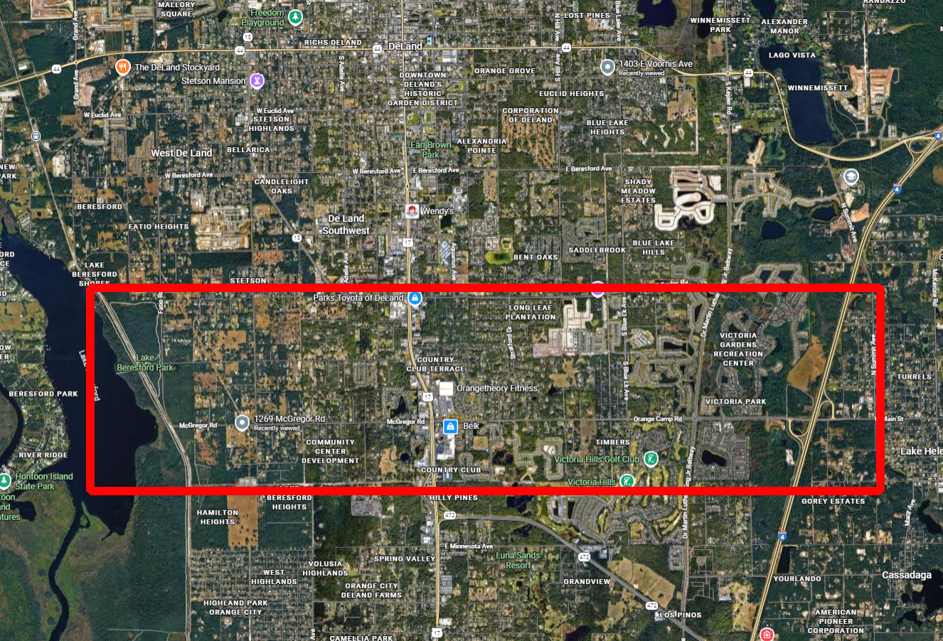 Map of DeLand with a red box over one area