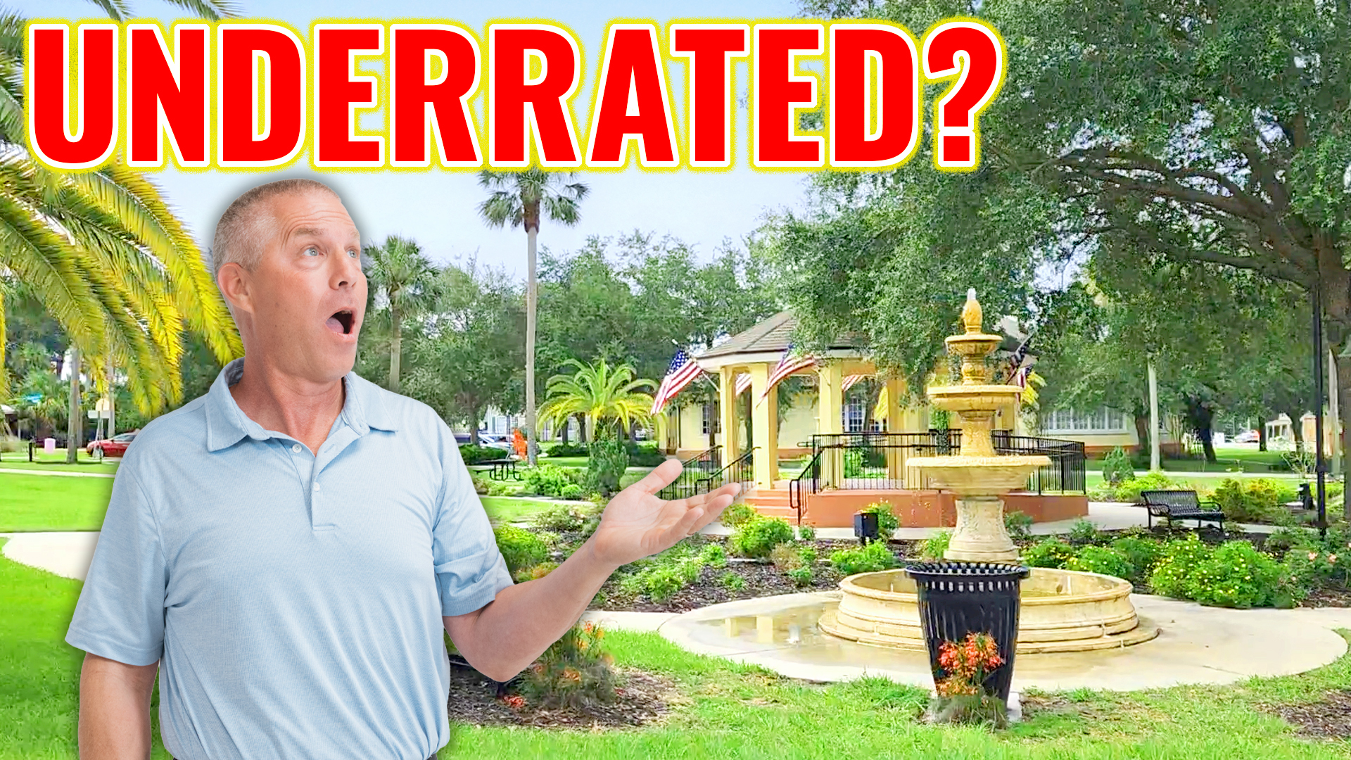 An Orange City park fountain and gazebo with Underrated? in text and Chuck's photo on top.
