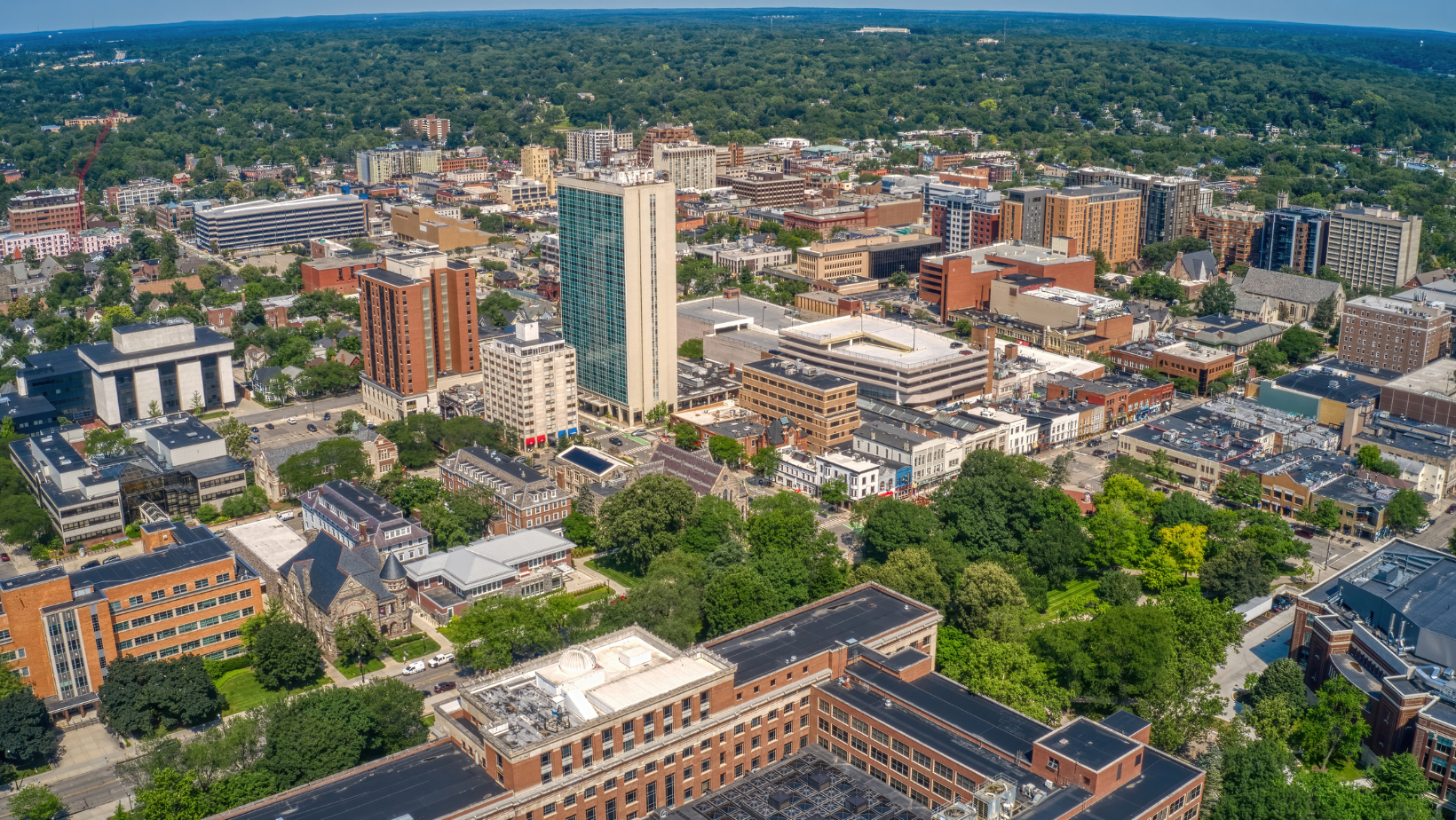 Aerial view of downtown Ann Arbor, Michigan in summer