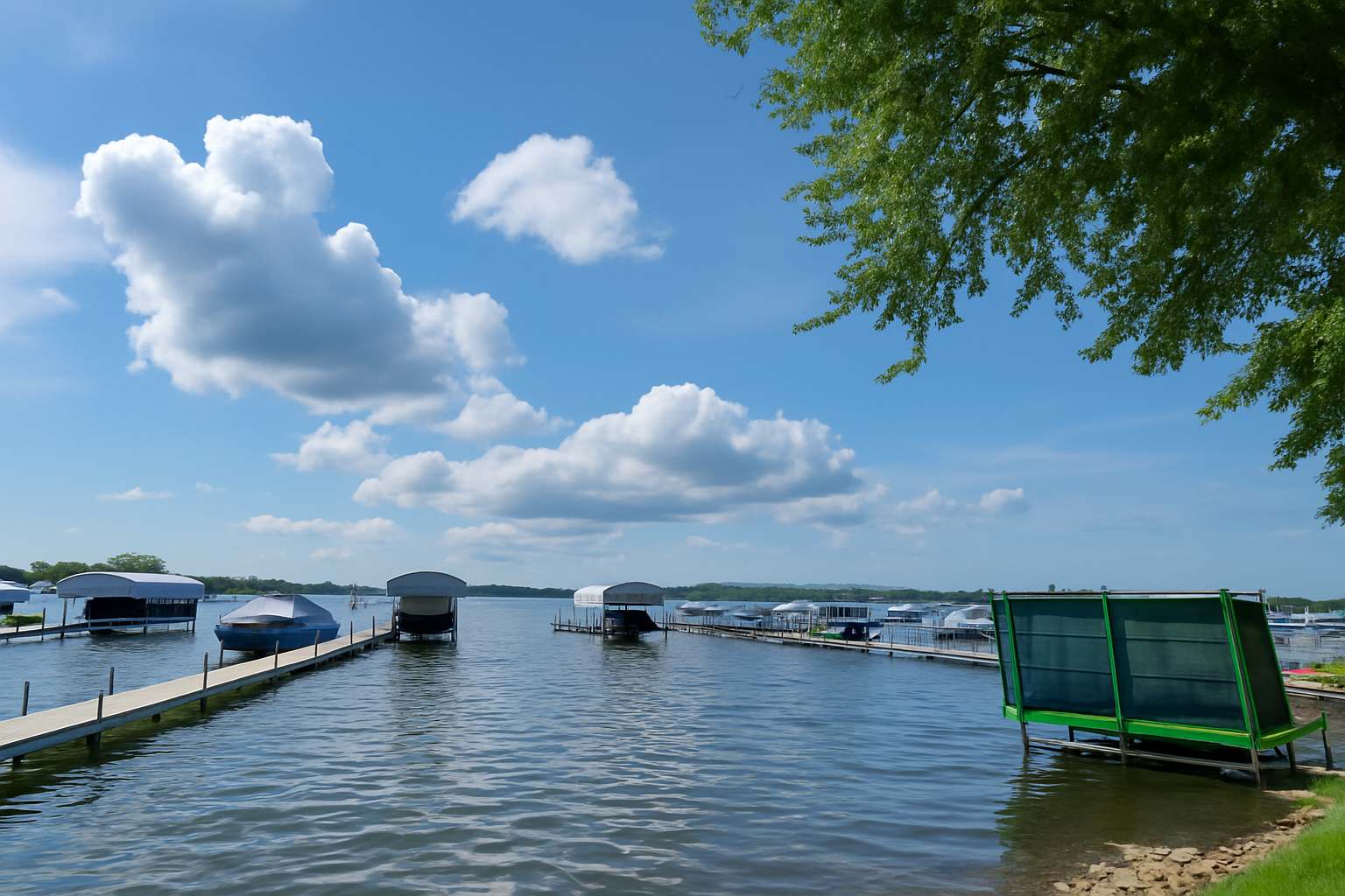 A bright daytime lakeside marina with calm water, clear blue sky, and scattered fluffy white clouds. Covered boats are docked along wooden piers, and leafy green trees frame the right side of the image. A green boat lift is positioned near the rocky shoreline in the foreground.