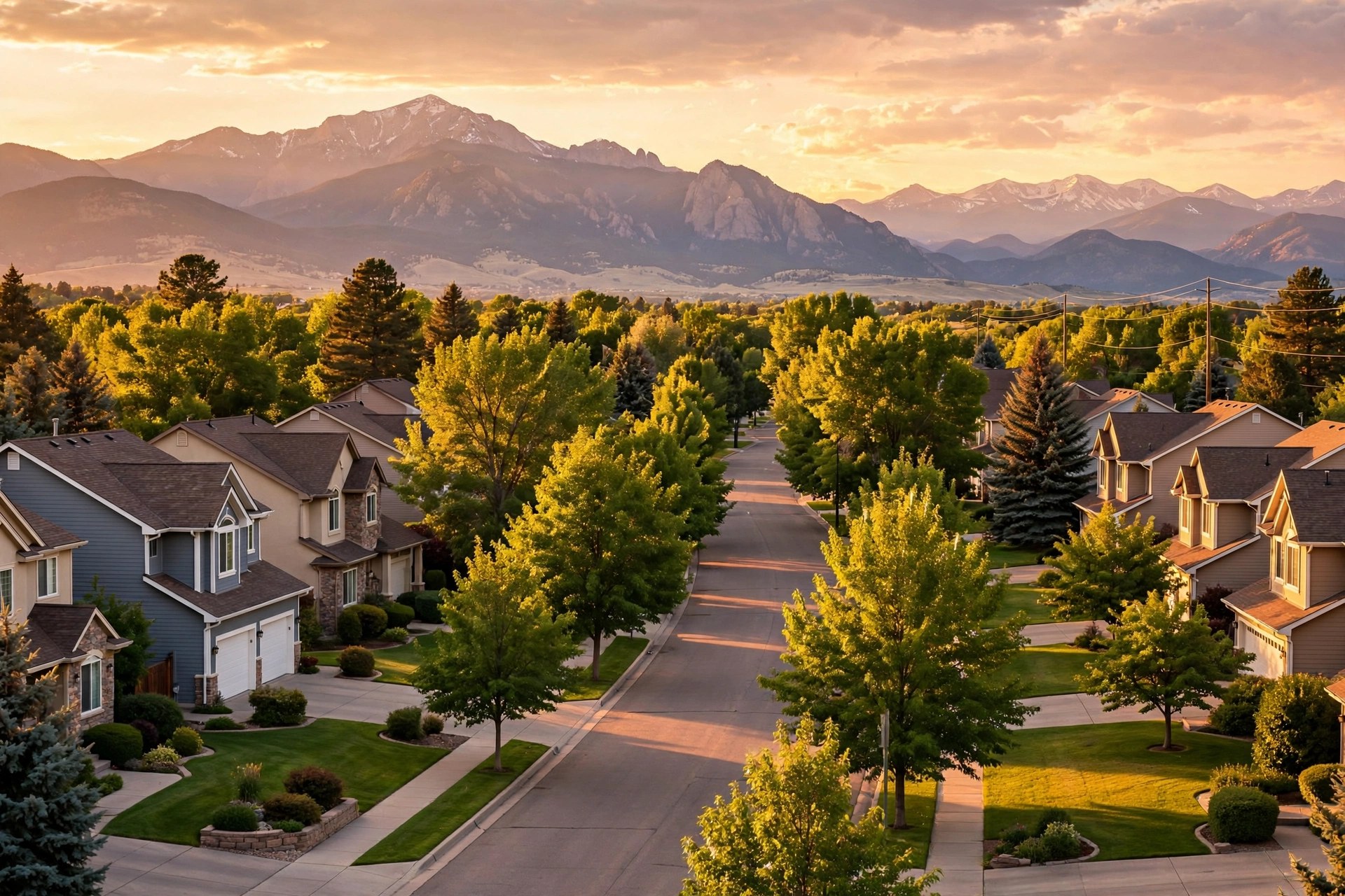 A suburban Westminster, Colorado neighborhood at sunset
