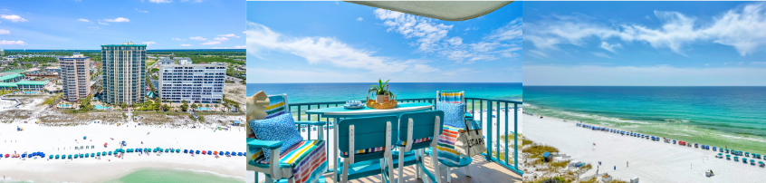 Jade East Towers beachfront condos in Destin Florida with Gulf views, balcony seating, and white sand beach