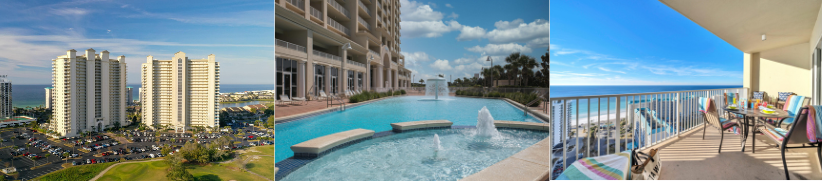 Ariel Dunes condominiums in Miramar Beach Destin Florida with resort pool, high-rise towers, and Gulf view balcony