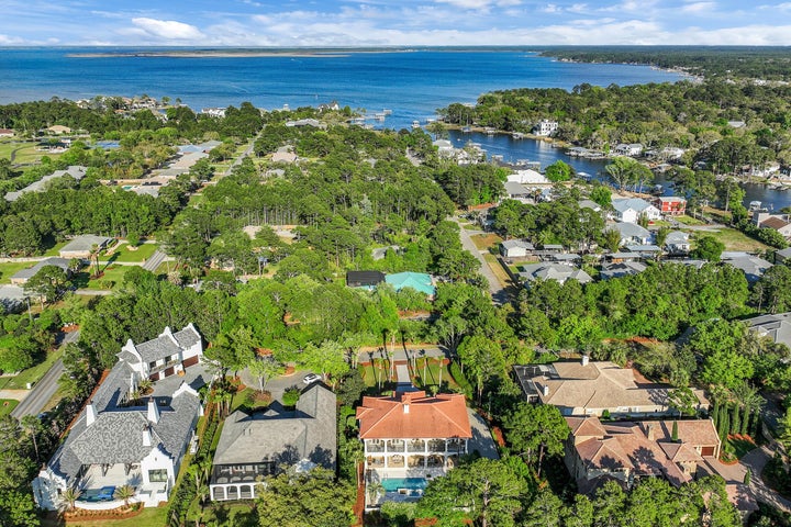 Aerial of neighborhood and bay