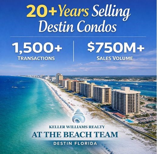 Destin condo sales history graphic showing At The Beach Team with 1,500+ transactions and $750M+ in total sales volume along Florida’s Emerald Coast.