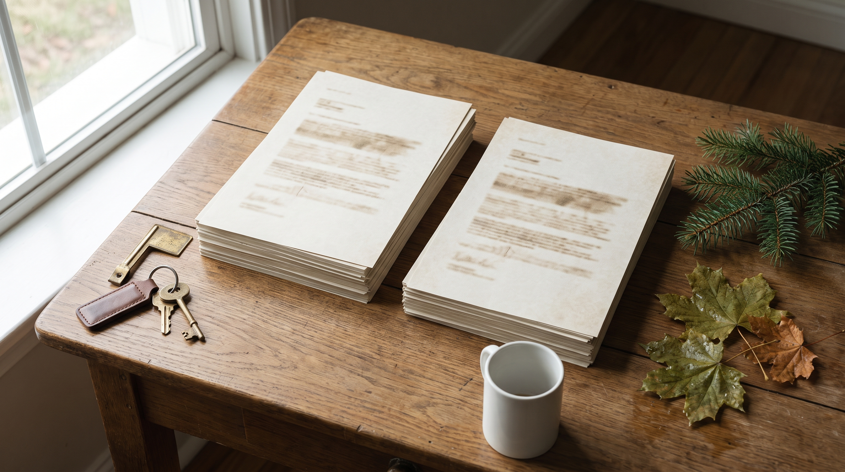 Overhead view of two stacks of association documents side by side on a warm oak table in natural window light, with brass house keys, a Douglas fir sprig, and autumn maple leaves