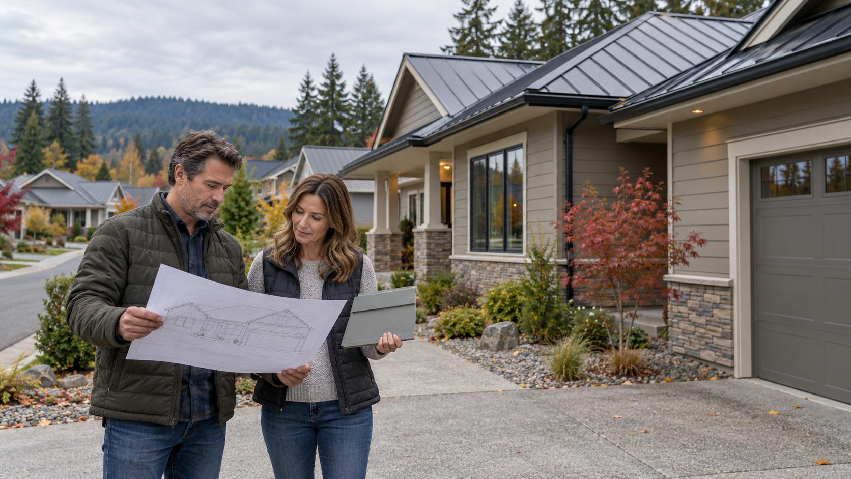 Homeowners review exterior renovation plans and a siding sample beside a Pacific Northwest neighborhood home with a standing-seam metal roof.