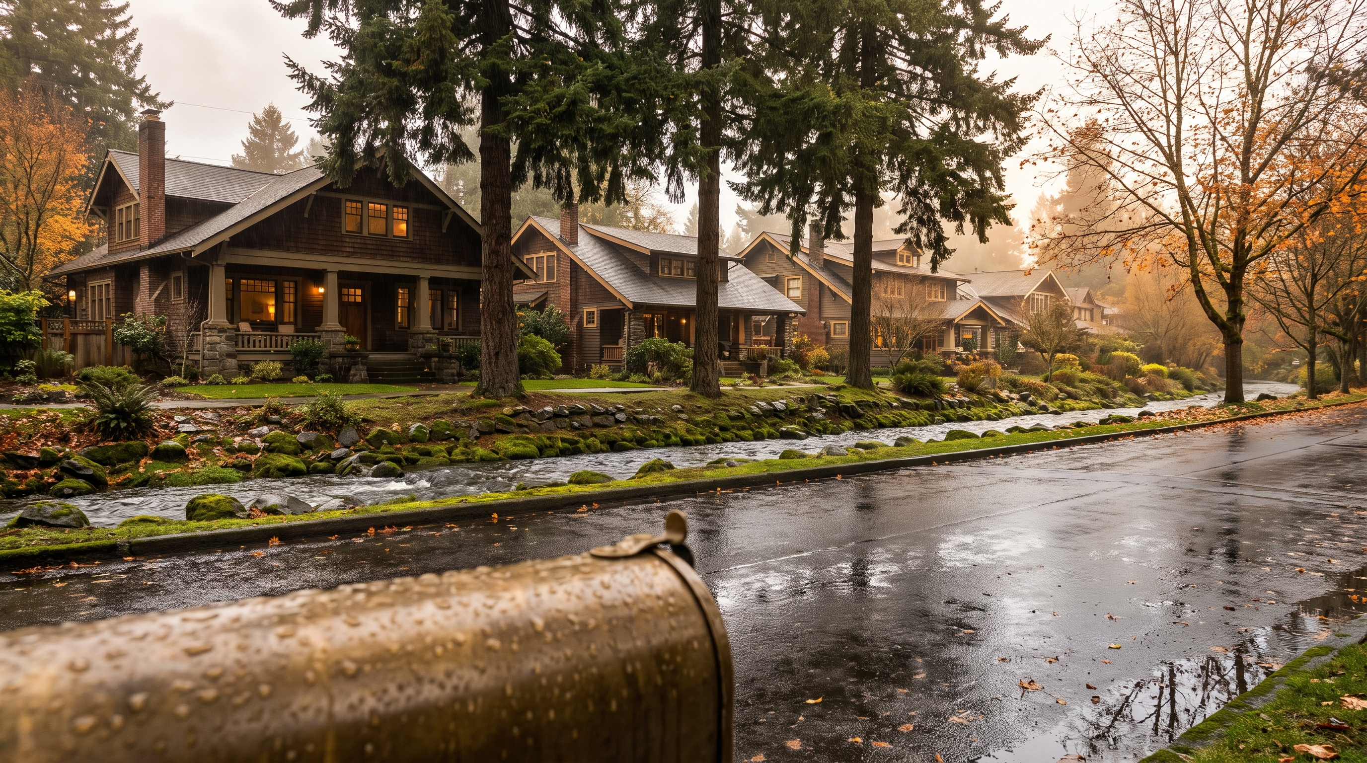 Close view of a moss-flecked composition roof edge and copper gutter filled with fir needles, with a Douglas fir branch overhanging the shingles