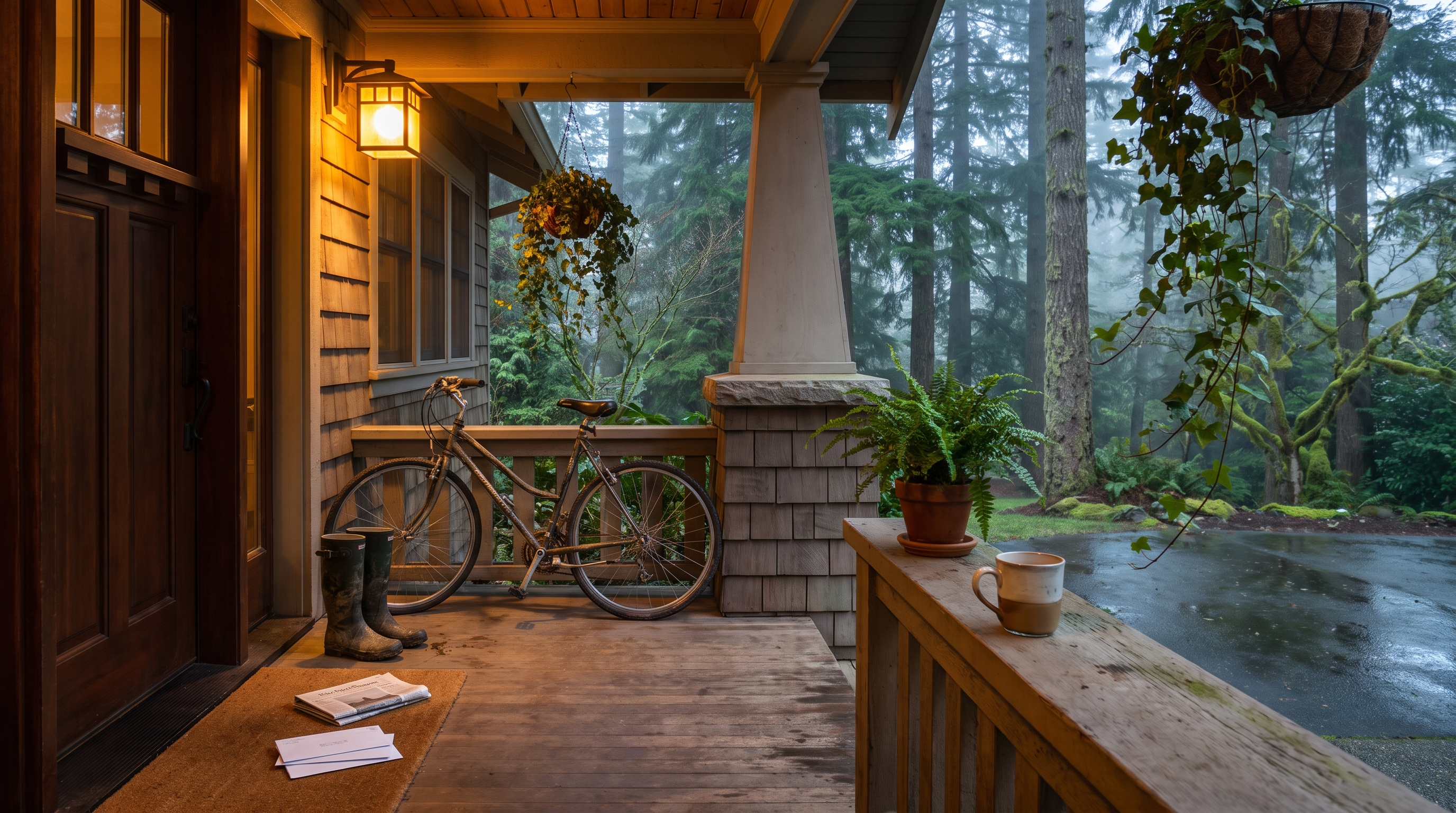 A lit Craftsman front porch at dusk in the Pacific Northwest with a coffee mug on the railing, mail on the doormat, and a bicycle leaning by the door, representing a tenant-occupied home being sold