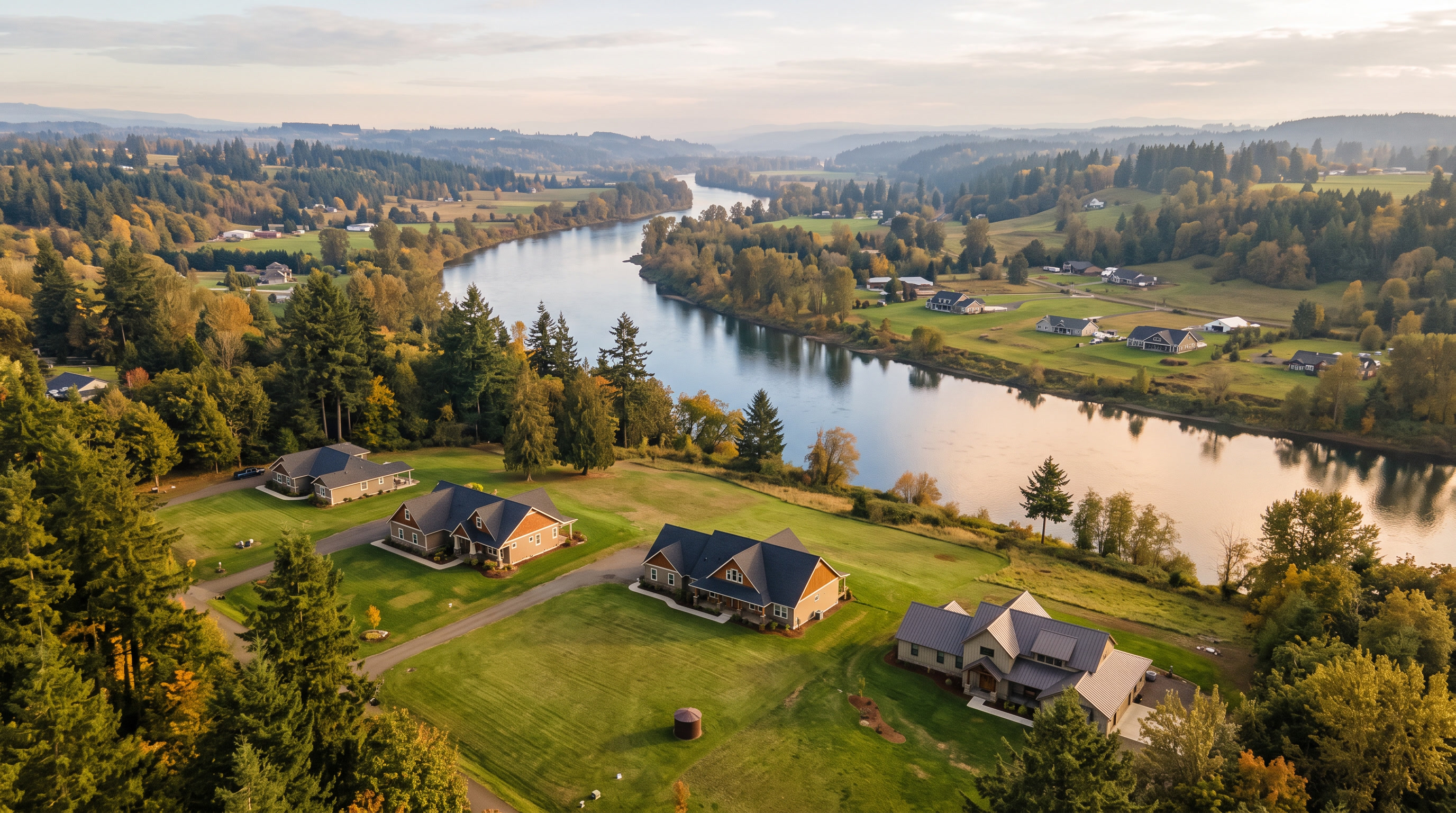Aerial view at golden hour of rural acreage homes on both banks of a wide river valley in the Pacific Northwest, surrounded by Douglas firs and open lawn clearings