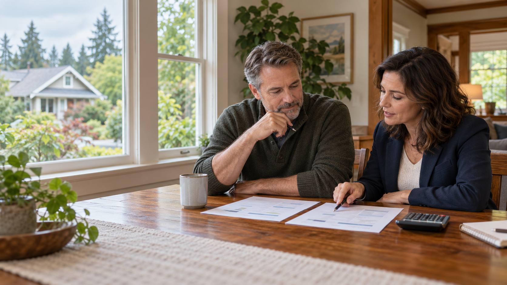 Homeowner comparing a cash offer and a traditional home sale with a real estate advisor