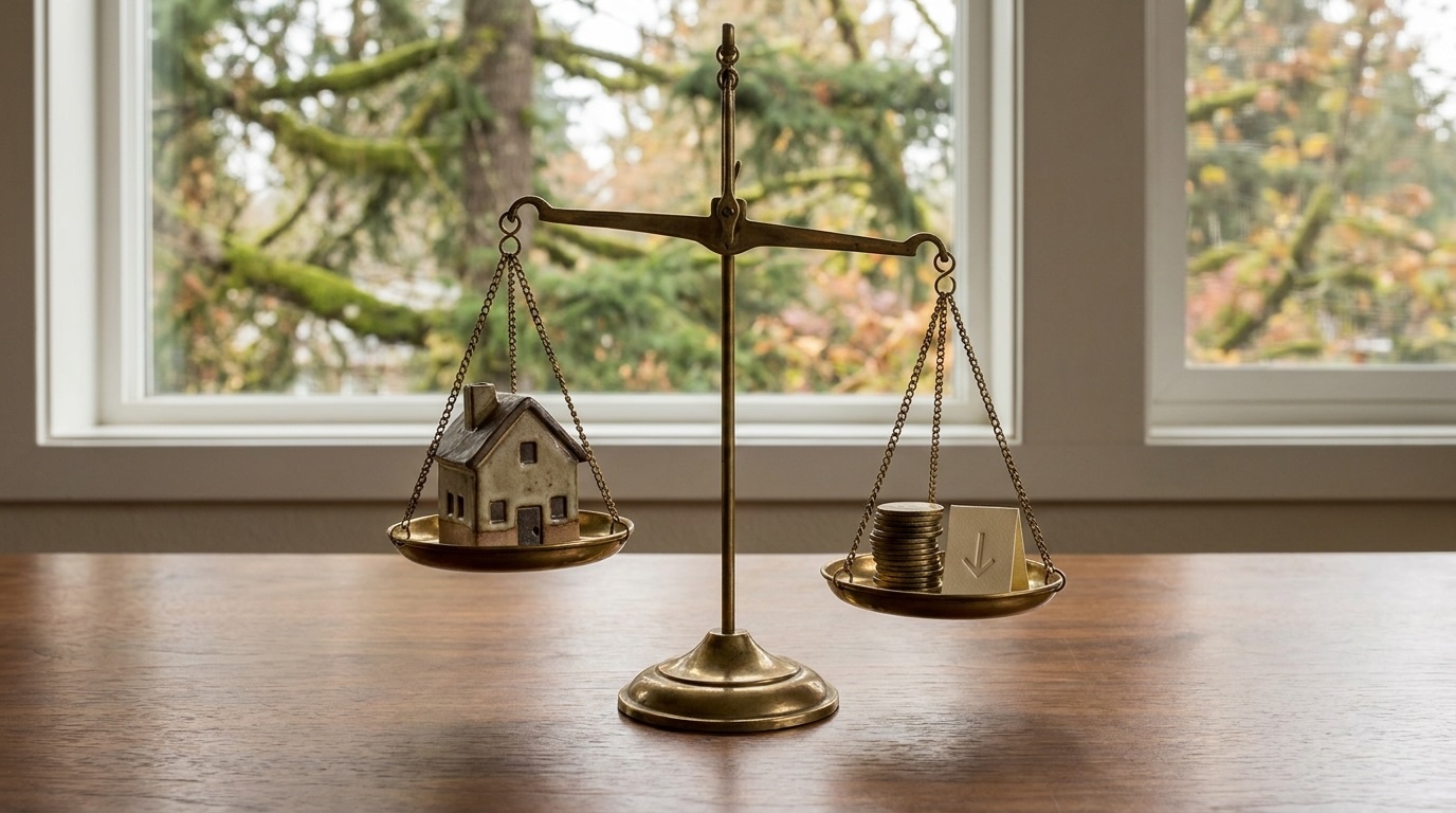 Brass balance scale weighing a small model house against a stack of coins and a price-tag with a down arrow, warm Pacific Northwest still-life