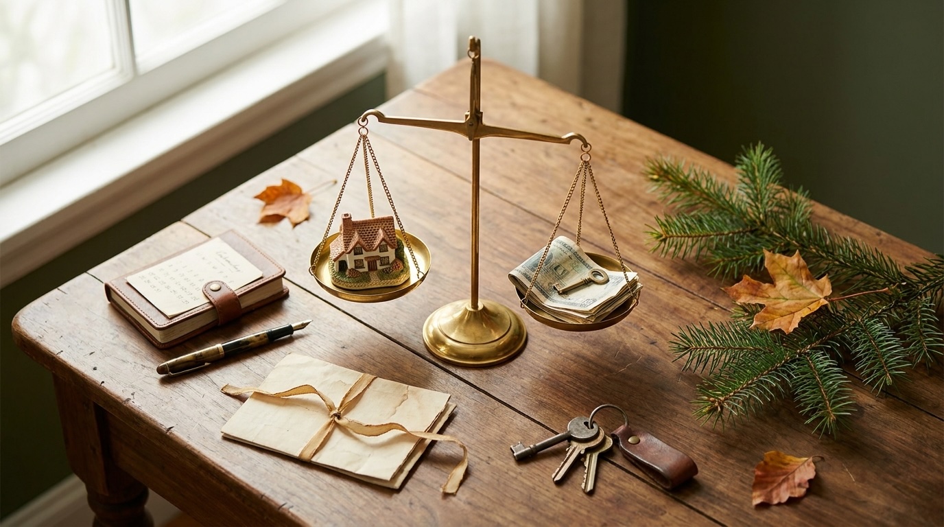 Brass balance scale weighing a small model house against a stack of cash on a sunlit table — deciding whether to sell or rent out a Portland or Vancouver home.