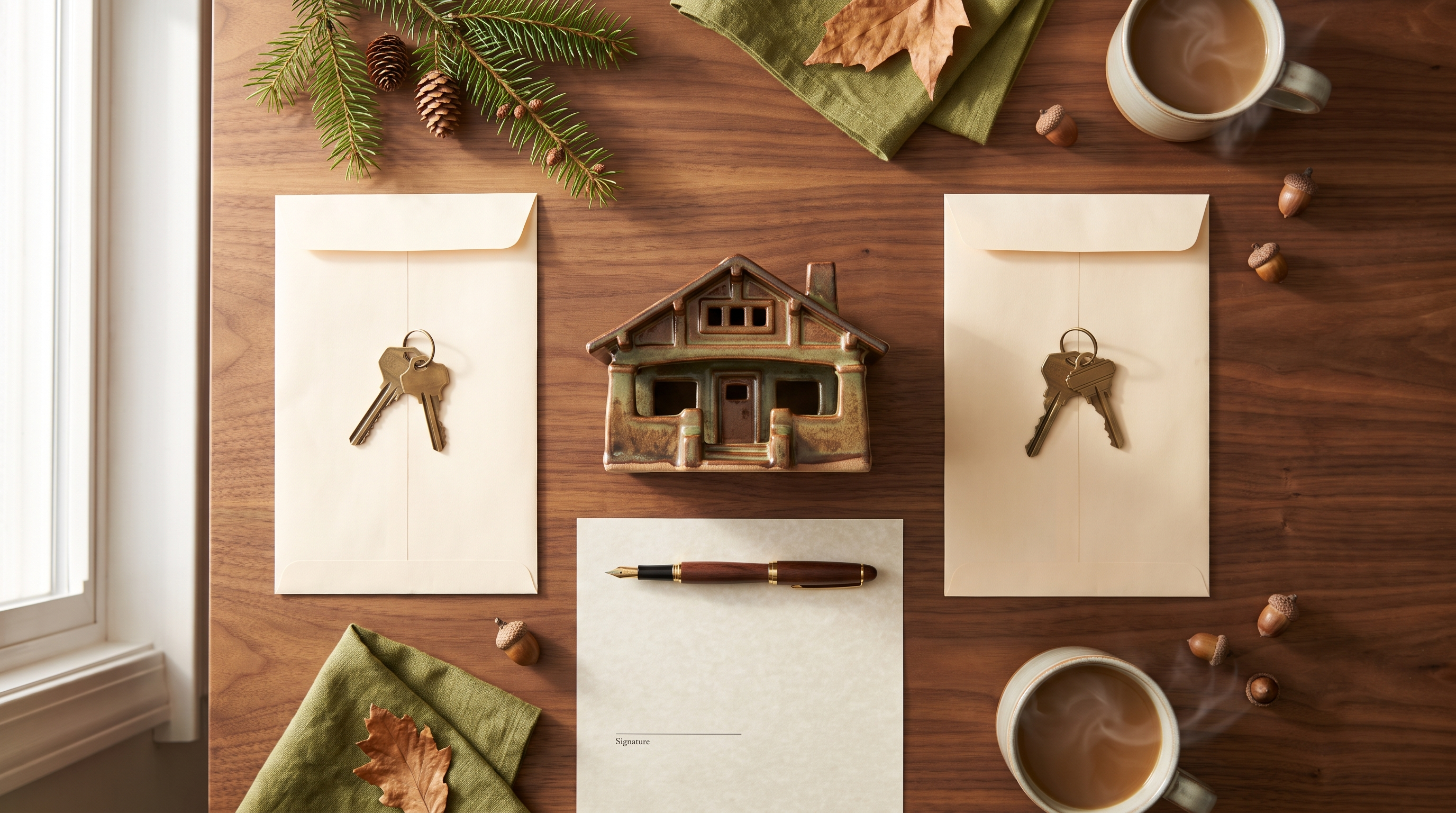 Overhead view of a small ceramic house between two sets of house keys and envelopes on a wooden table, representing dividing a home in a divorce