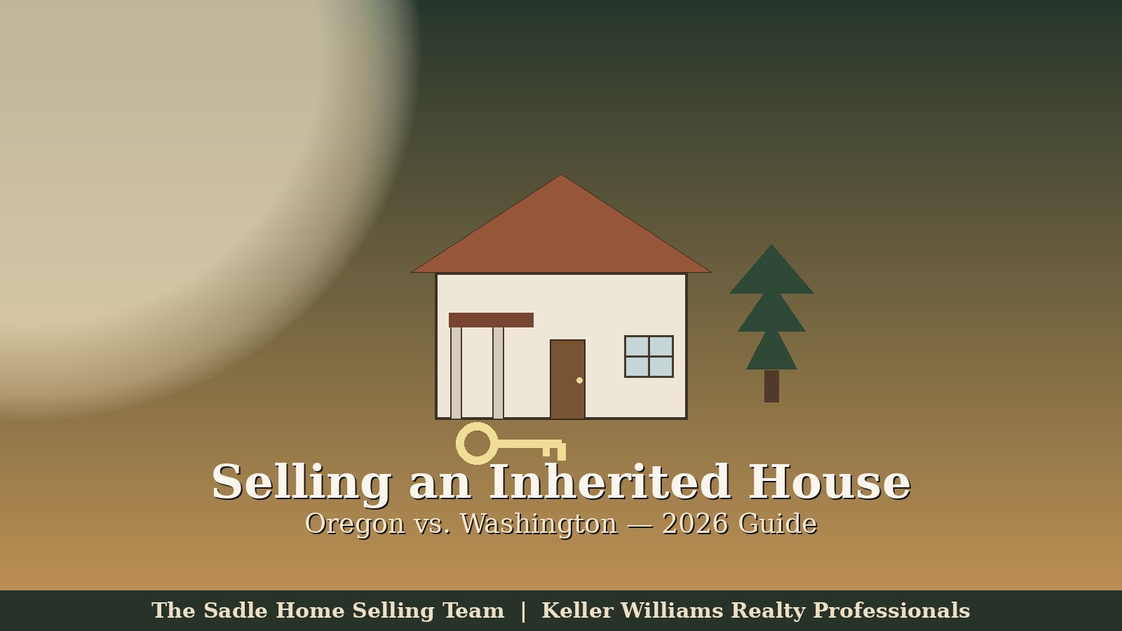 Illustrated banner of a Craftsman house with a covered porch, a house key on the step, and a Douglas fir in warm Pacific Northwest autumn light, titled 'Selling an Inherited House — Oregon vs. Washington 2026,' from The Sadle Home Selling Team | Keller Williams Realty Professionals