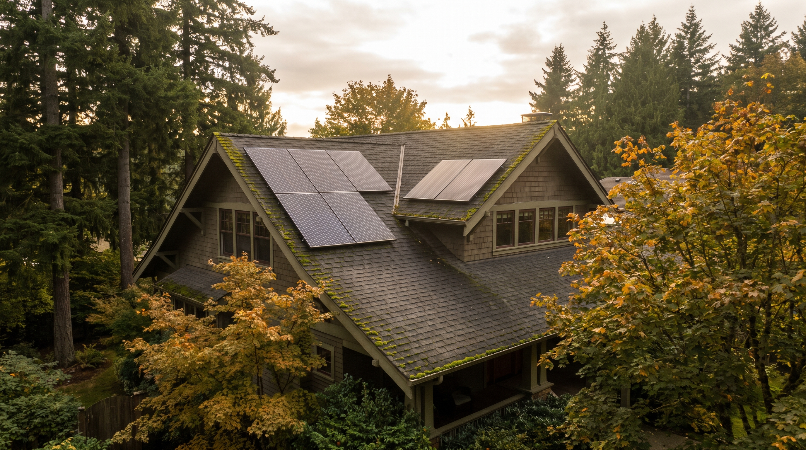 Aerial view of a Pacific Northwest craftsman-style home with rooftop solar panels, surrounded by Douglas firs and autumn maples in soft golden-hour light