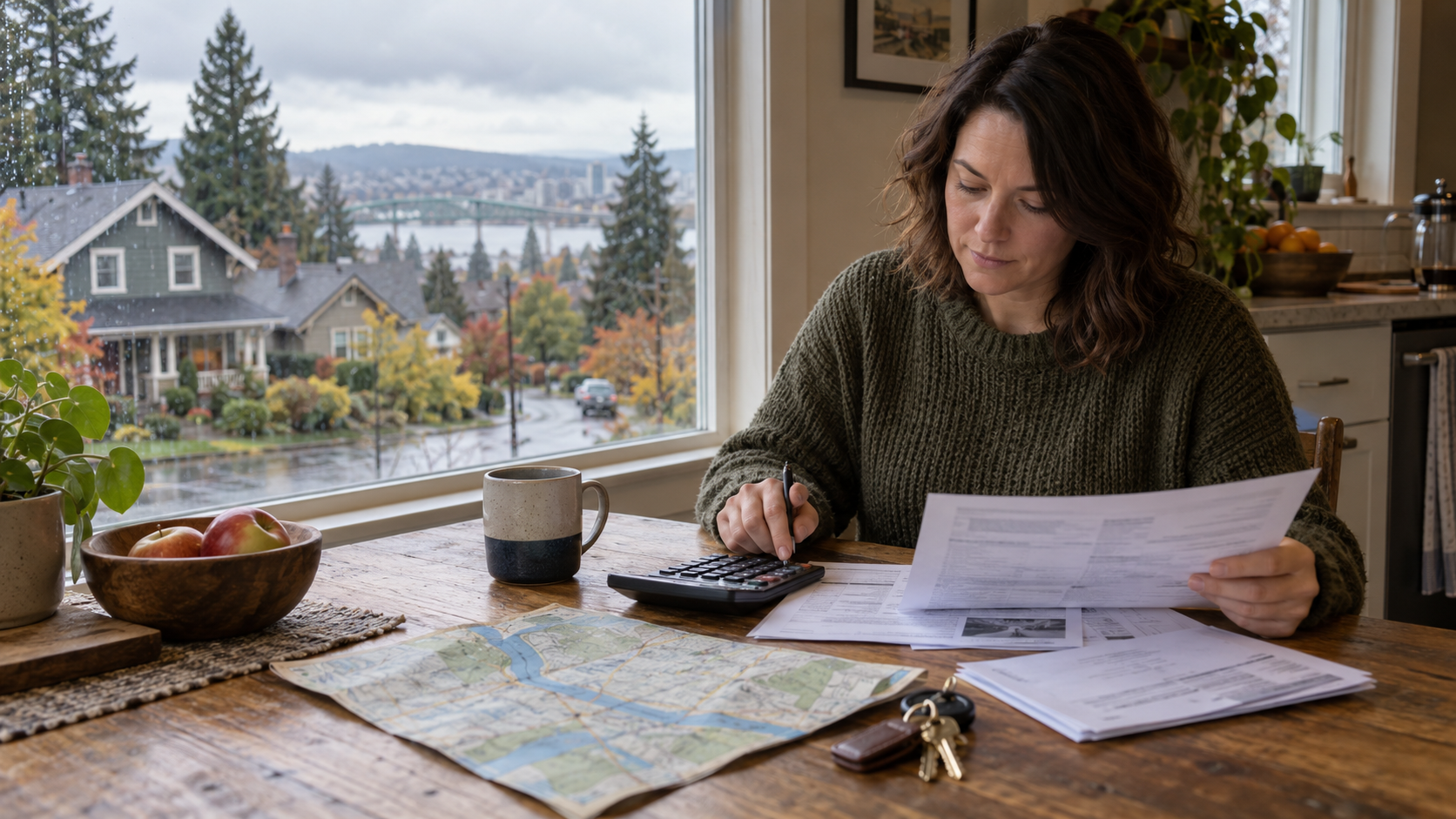 Portland-area homeowner reviewing a property tax assessment with a calculator and map of Oregon and Washington.