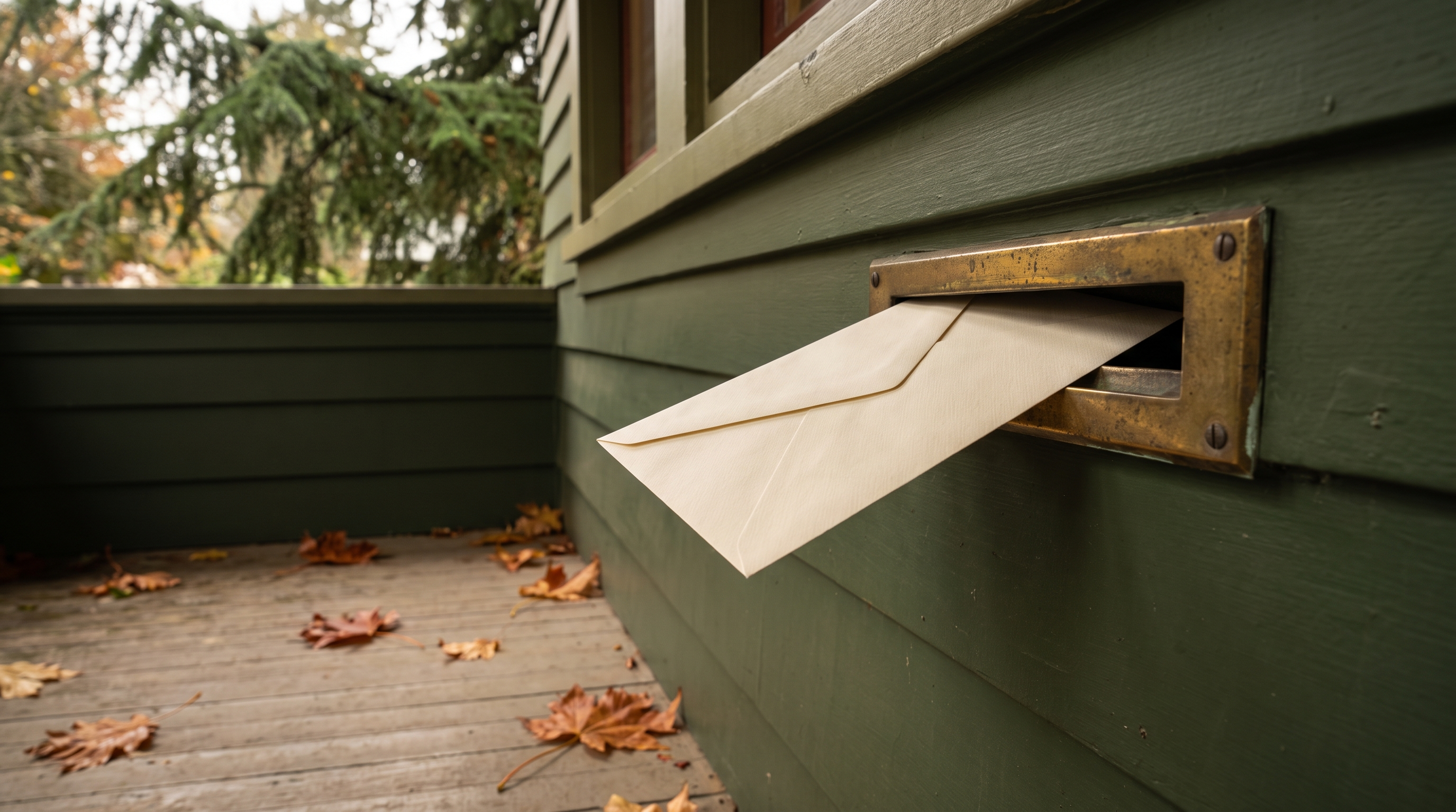 Close-up of an aged brass mail slot on a painted Craftsman front door with several unopened envelopes resting in the slot