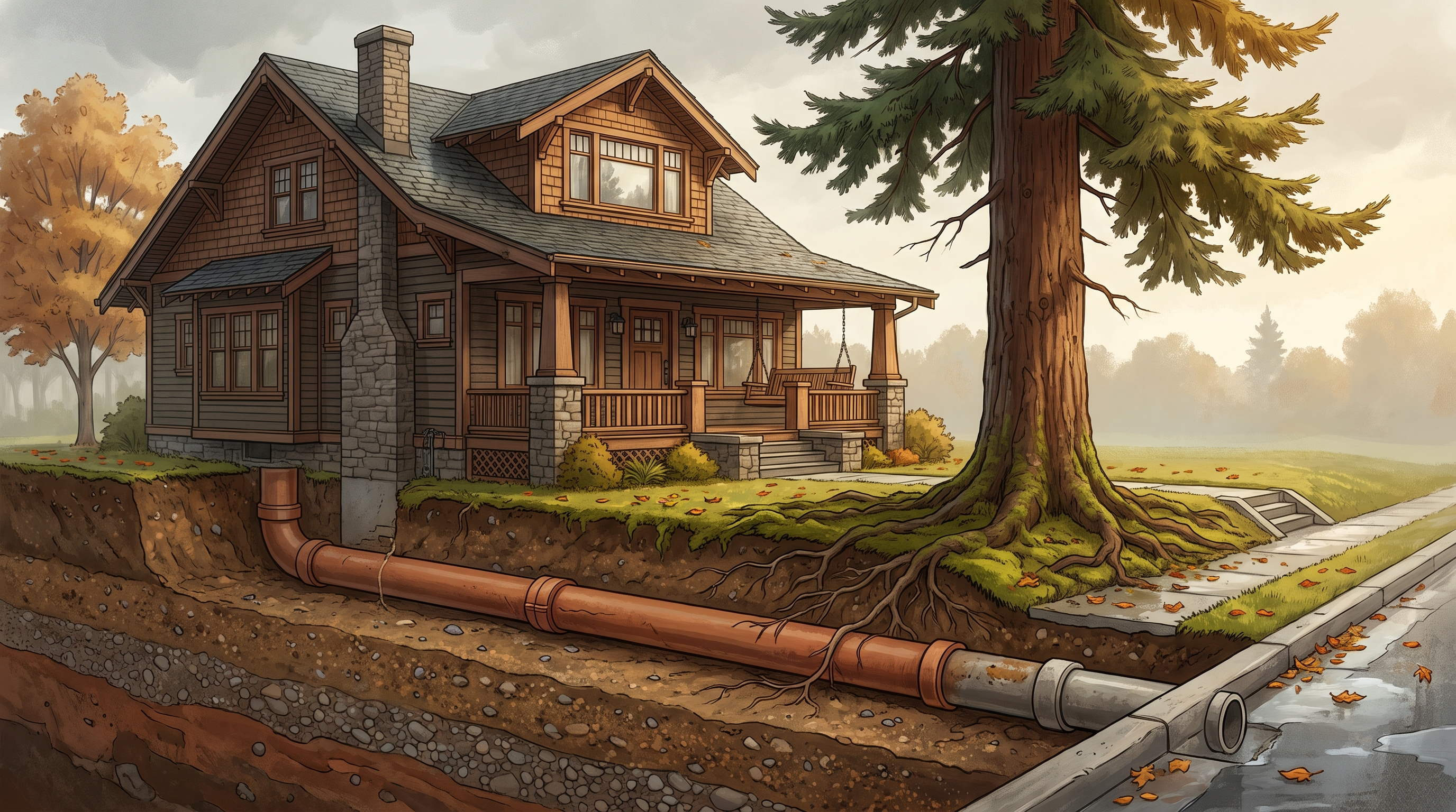 Architectural cutaway illustration of a Craftsman bungalow showing the underground sewer lateral running beneath the yard and tree roots toward the public main at the street.