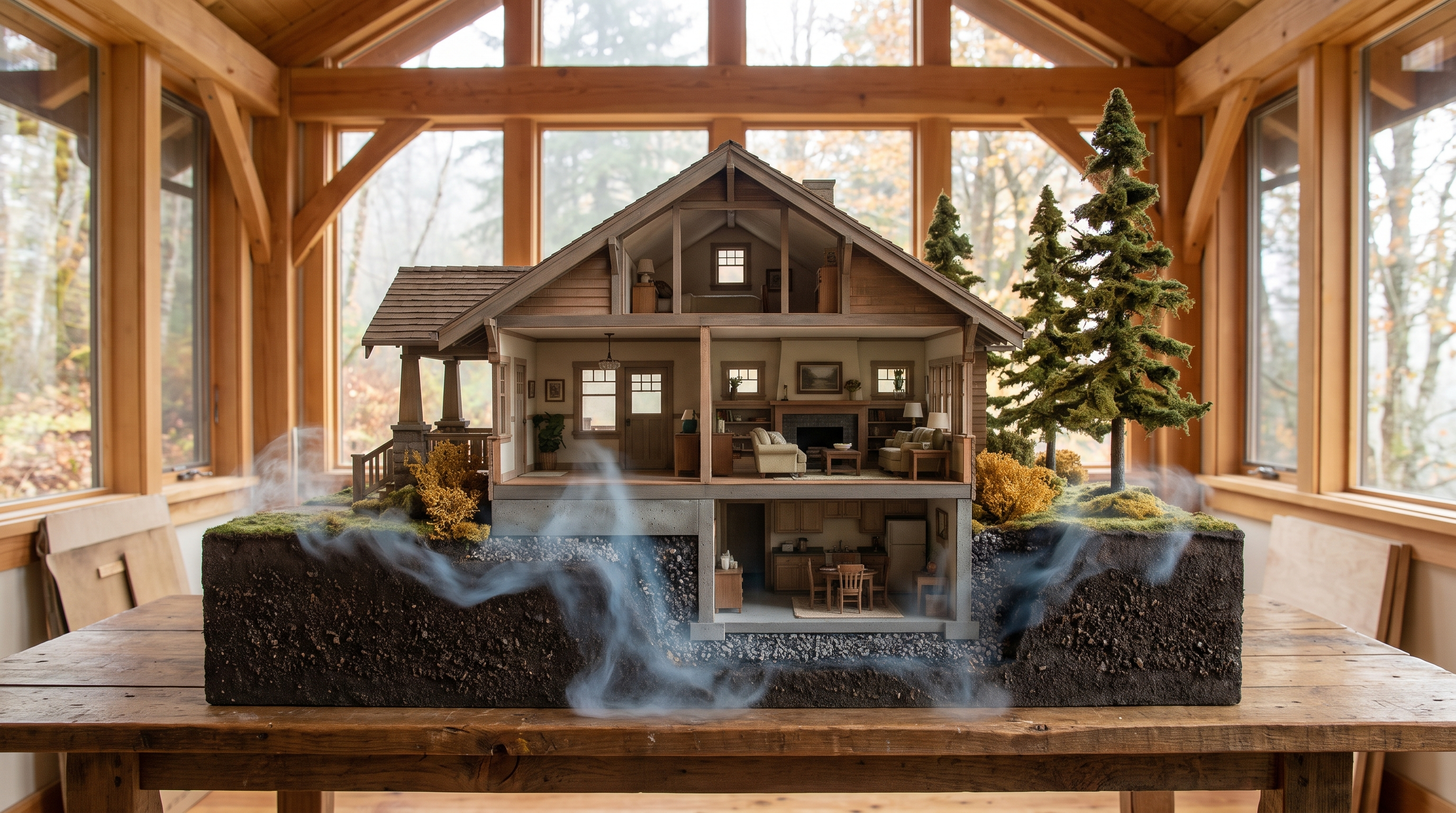 Architectural cutaway model of a Pacific Northwest Craftsman home showing the soil and gravel layer beneath the foundation, with faint vapor rising through the slab