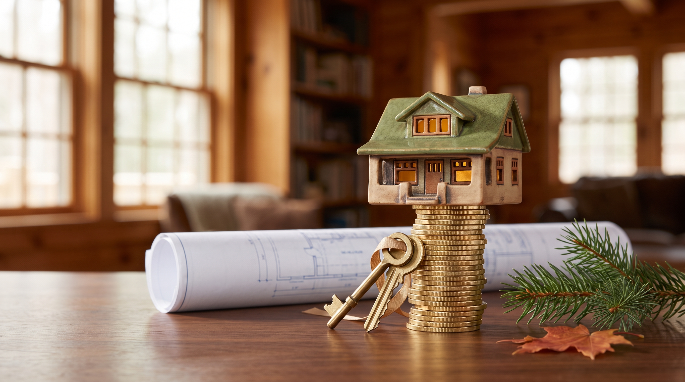 A ceramic Craftsman model home resting on a tall stack of gold coins with house keys and a rolled blueprint on a warm wooden desk — illustrating home-buyer closing costs in the Portland and Vancouver market