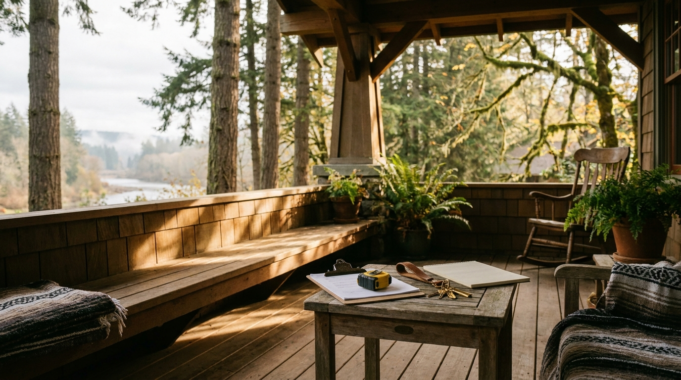 Craftsman home front porch with a clipboard, tape measure, and house keys, representing a home appraisal in the Portland-Vancouver market