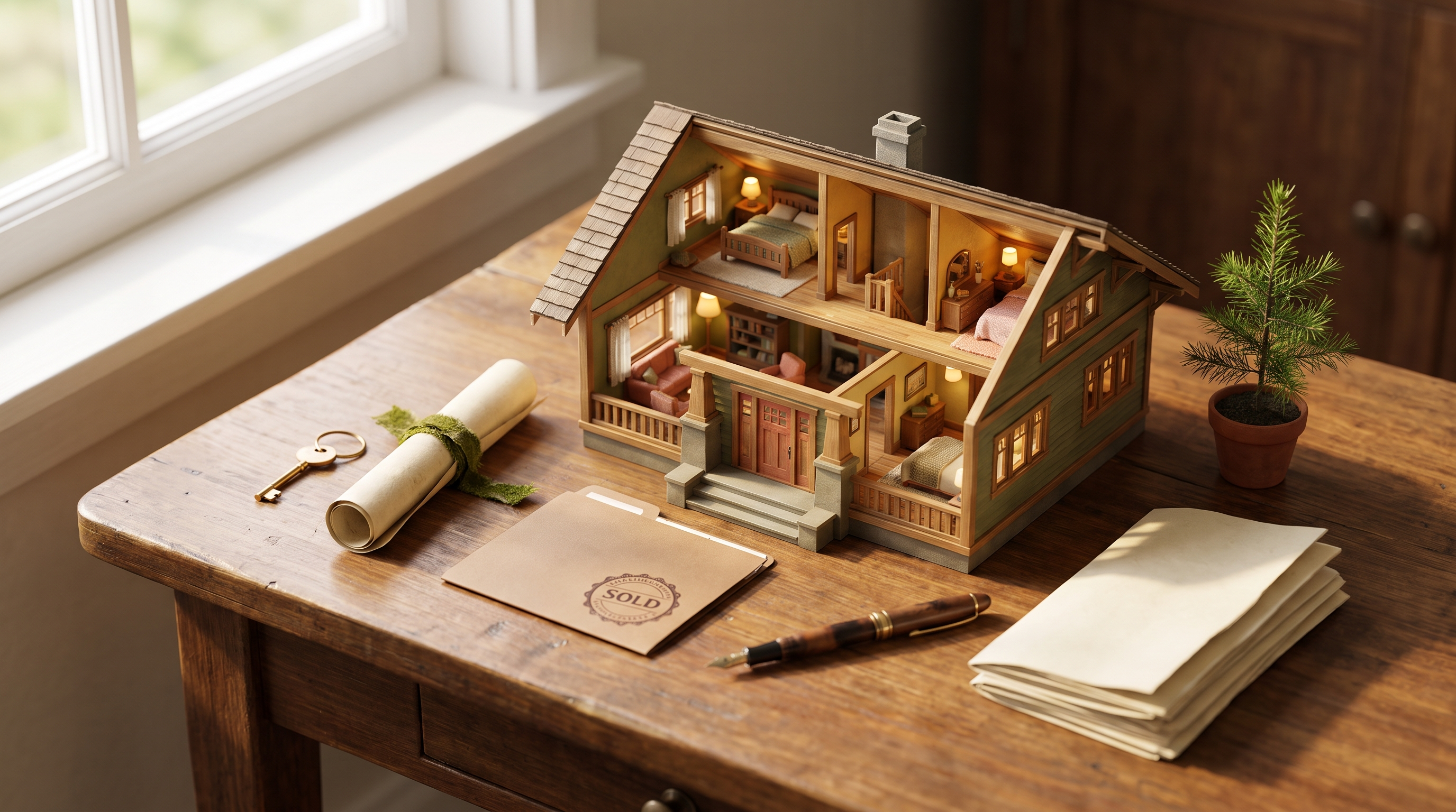 Cutaway model of a Pacific Northwest Craftsman home beside house keys, a rolled deed, and closing documents — the escrow and closing process in Oregon and Washington