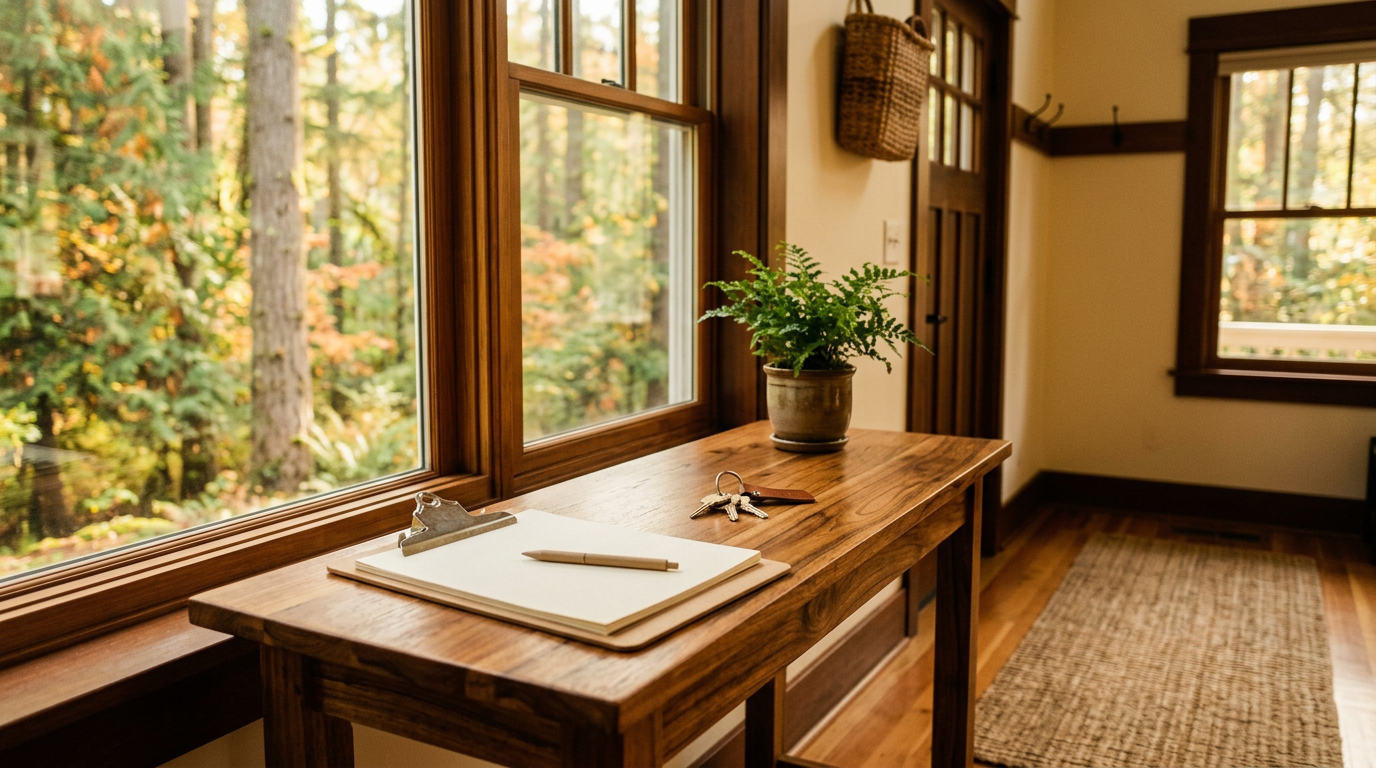 Warm Craftsman entry table near a sunlit window in the Portland-Vancouver area with house keys and a blank clipboard, representing an honest seller disclosure