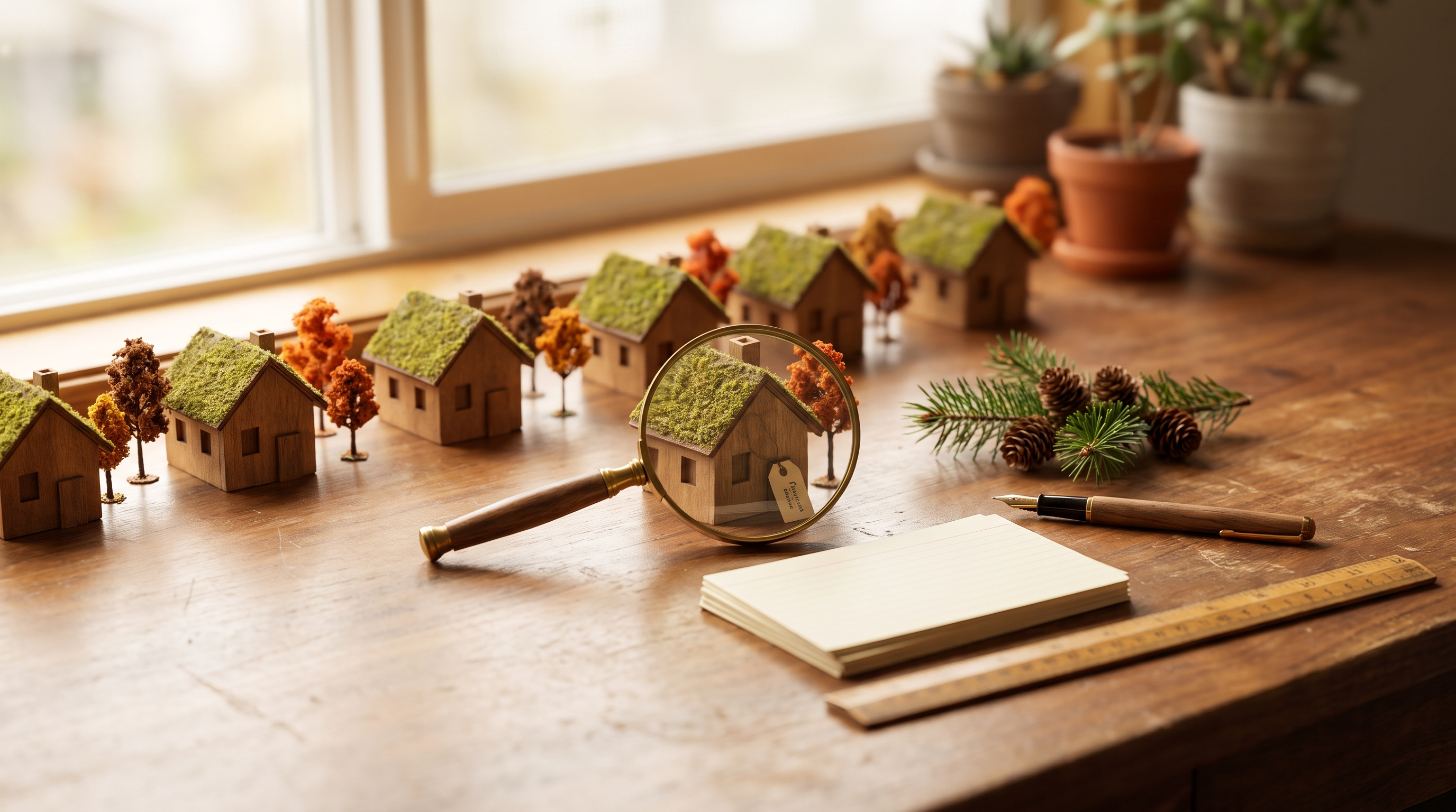 Row of small model houses on a sunlit desk with one enlarged under a brass magnifying glass, illustrating comparing and valuing a home in Portland and Vancouver.
