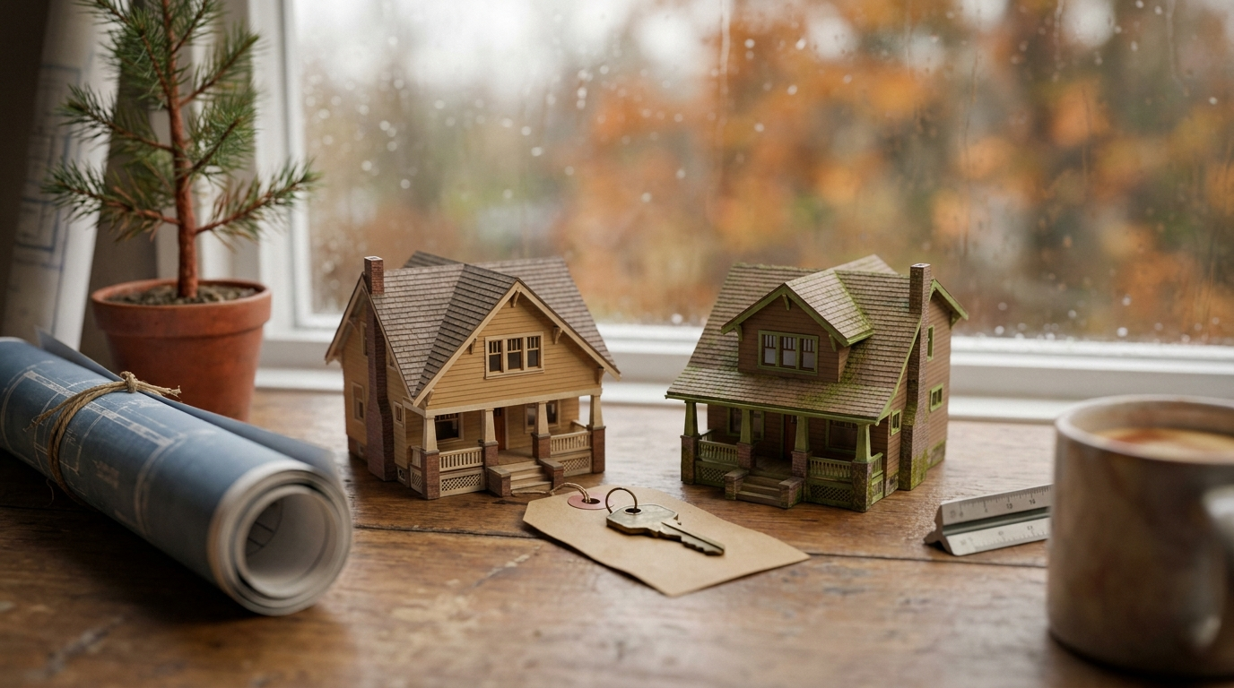 Two small model Craftsman homes on an architect's desk with a brass key passing between them — a metaphor for a buyer assuming a seller's existing low-rate mortgage