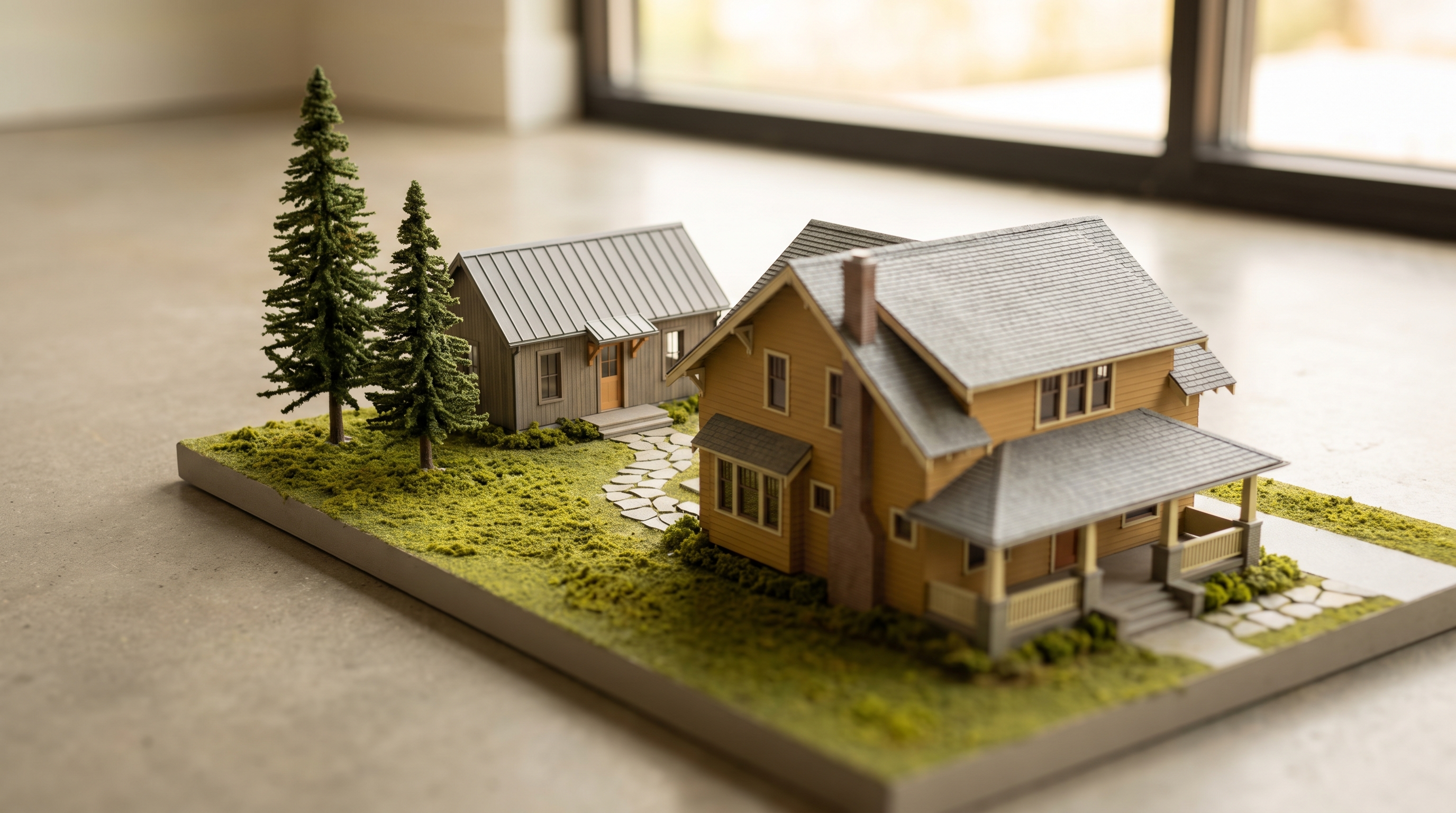 Tilt-shift photograph of an architectural scale model showing a two-story Craftsman house with a smaller detached cottage behind it, connected by a stone path, with model Douglas firs on a mossy green lawn